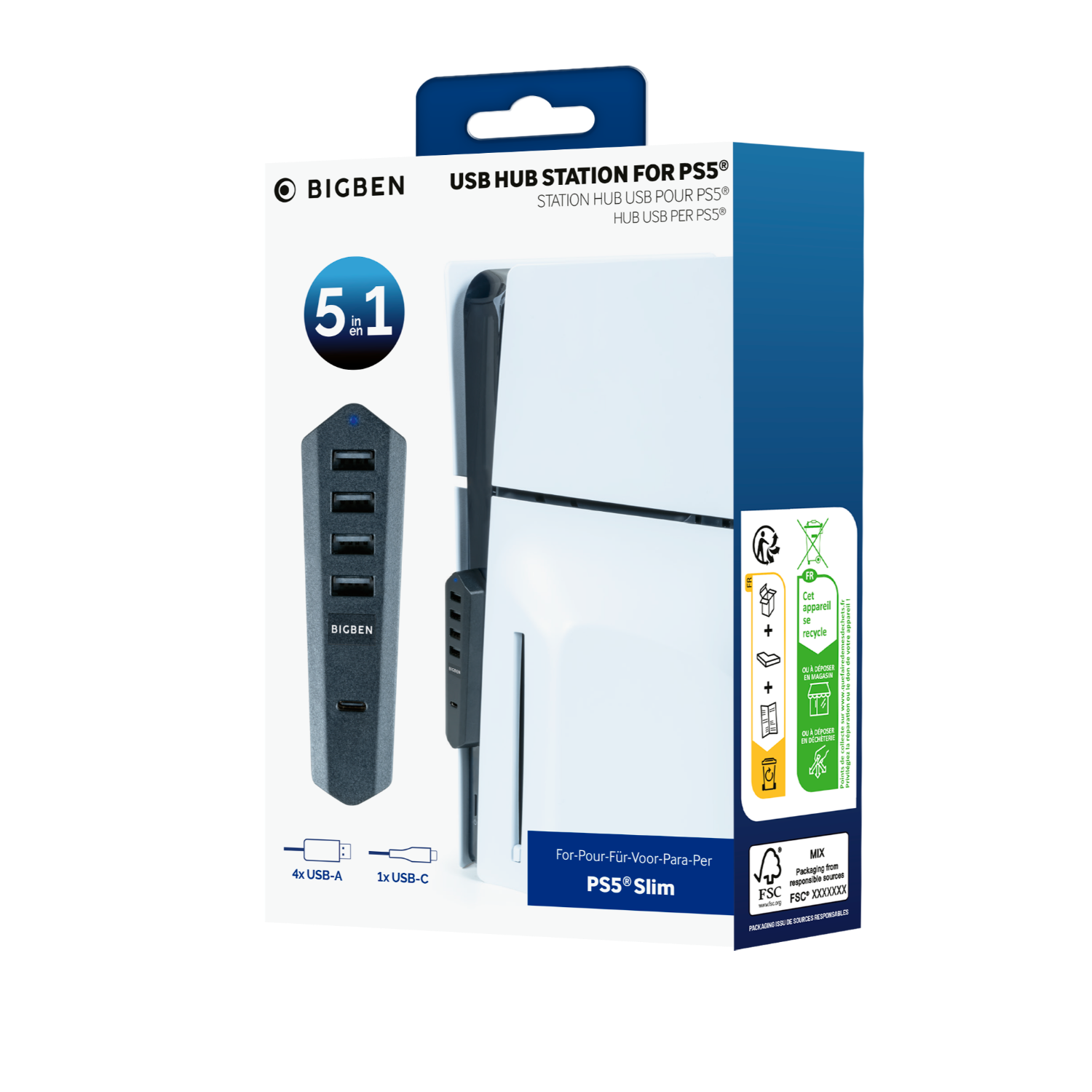 A BigBen USB hub box for PS5 Slim, showing the hub, ports, and a diagram. White background.