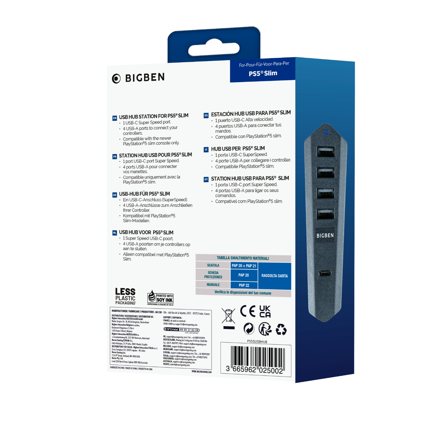 Black Bigben PS5 Slim hub box with text and a USB hub diagram. White background.