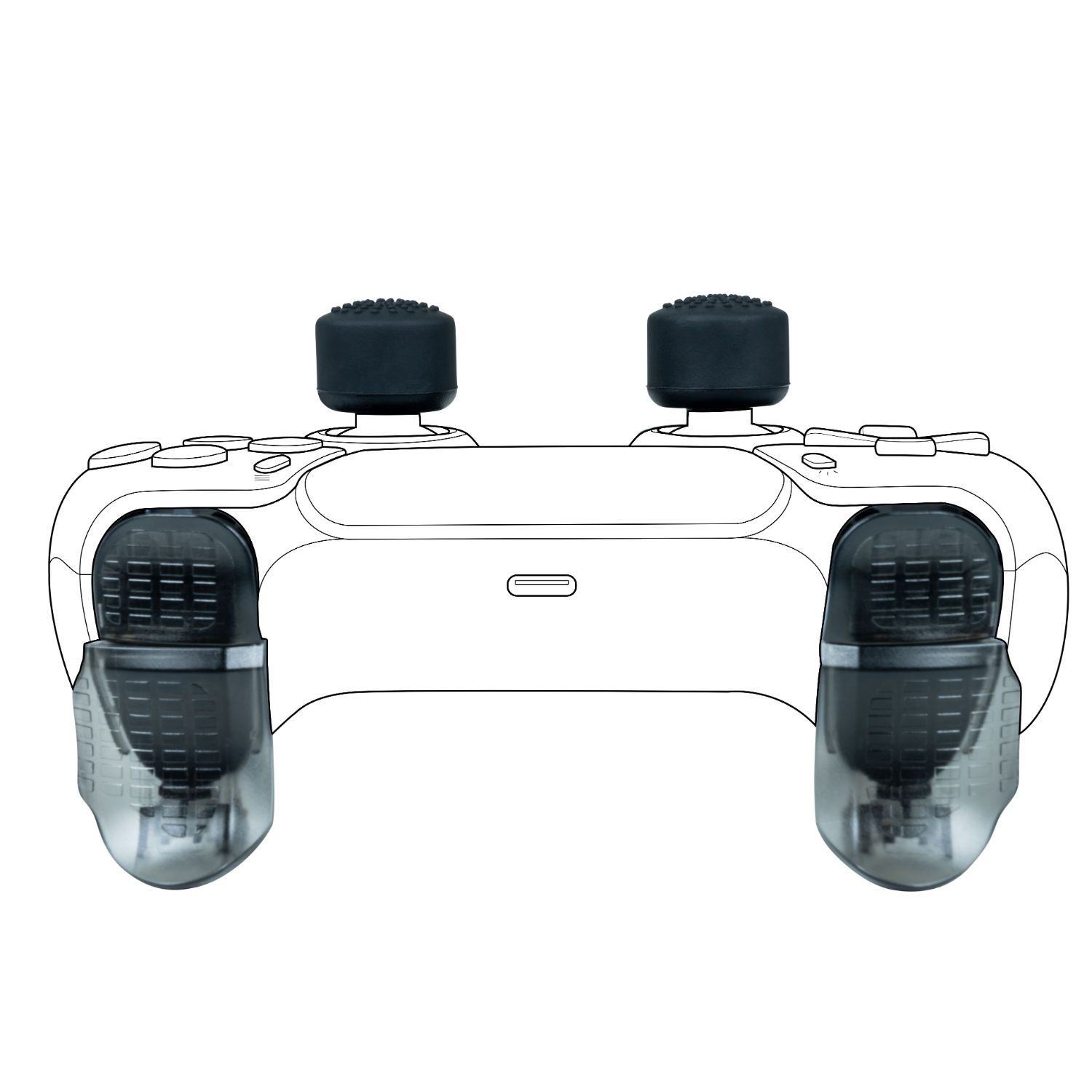 A white game controller with black joysticks and buttons against a black background.