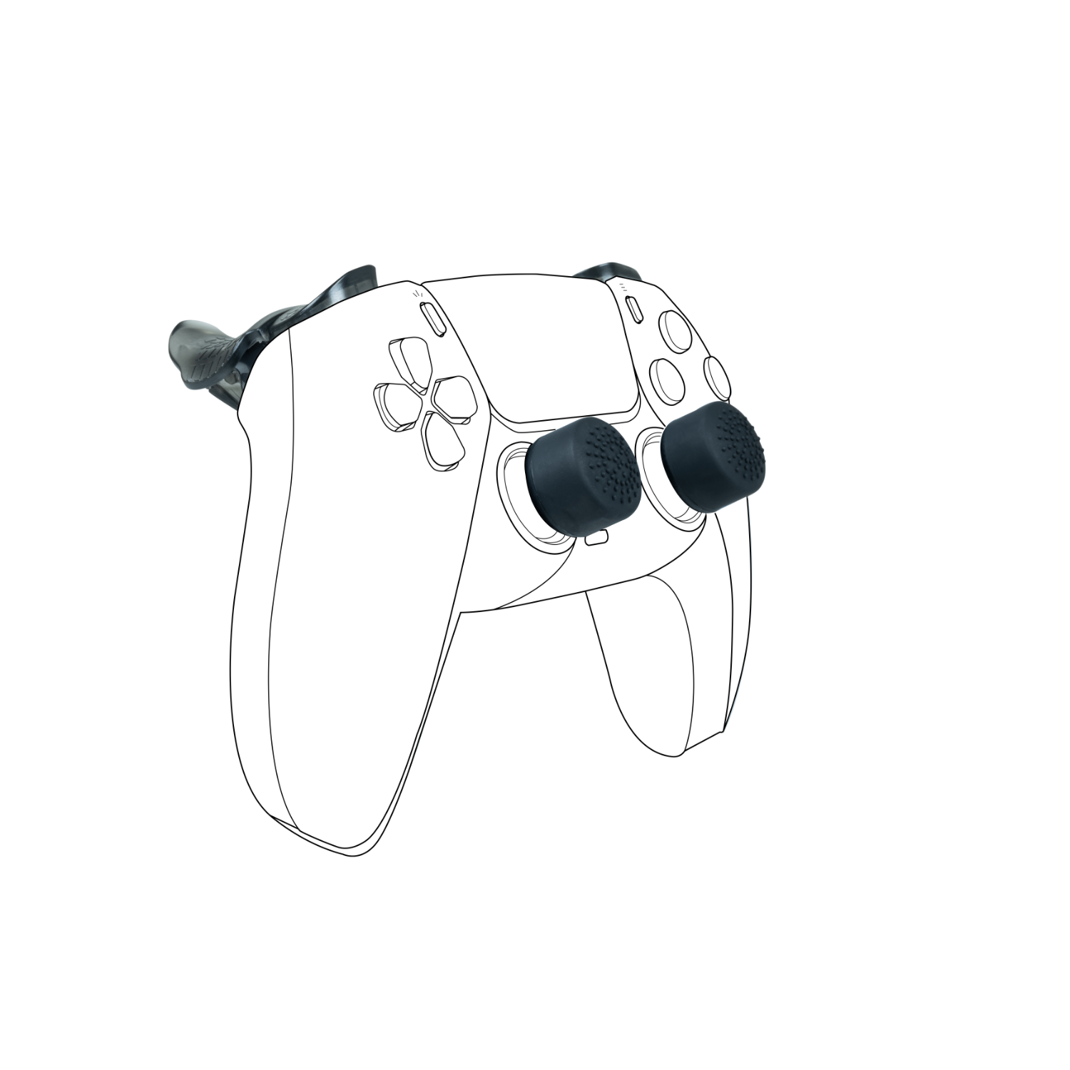 A white PlayStation 5 controller with black thumbsticks on a black background.