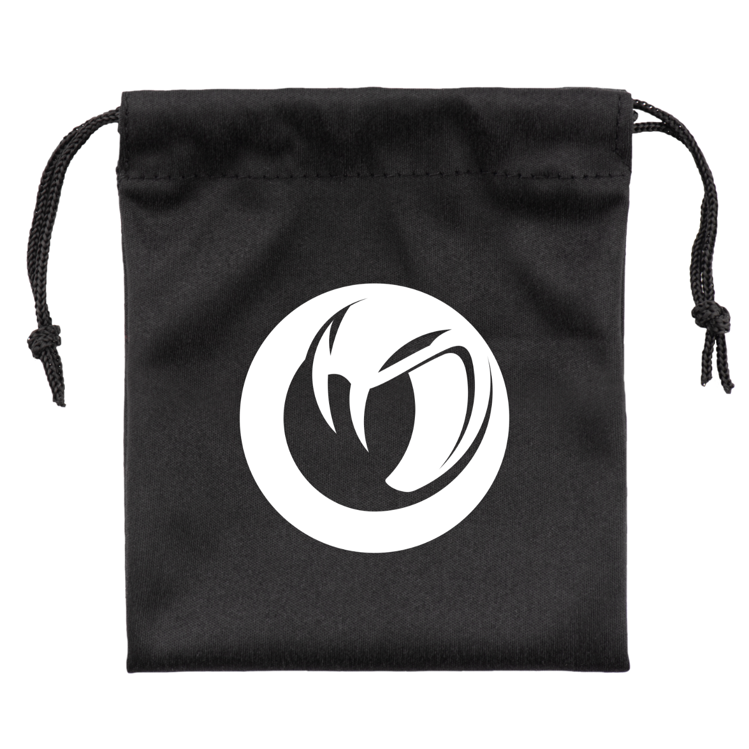 Black drawstring bag with a white circular logo. The logo features a stylized design within the circle.