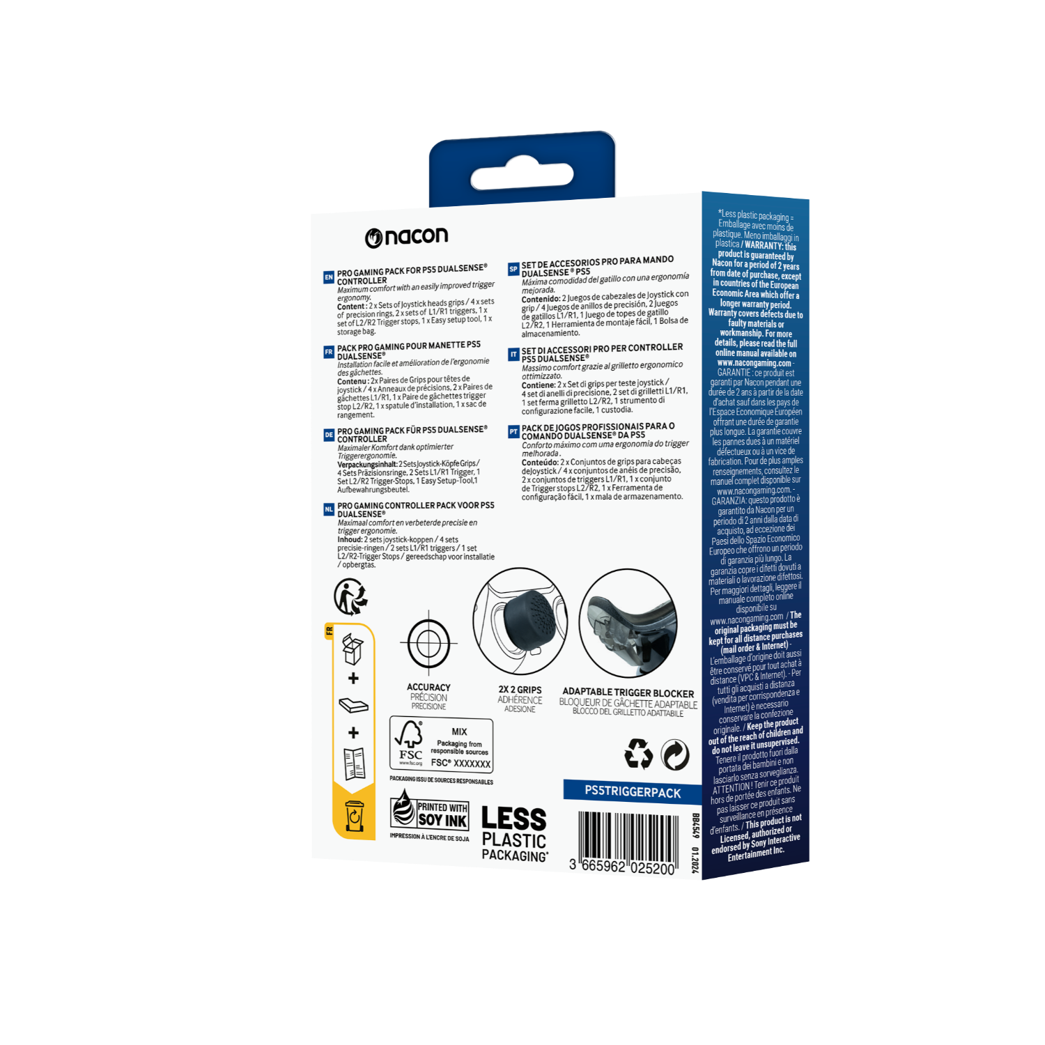 Back of a Nacon PS5 DualSense controller box, with product information and images.