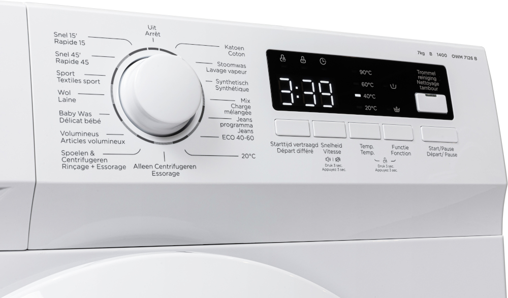 Close-up of a white washing machine control panel with text and a dial.