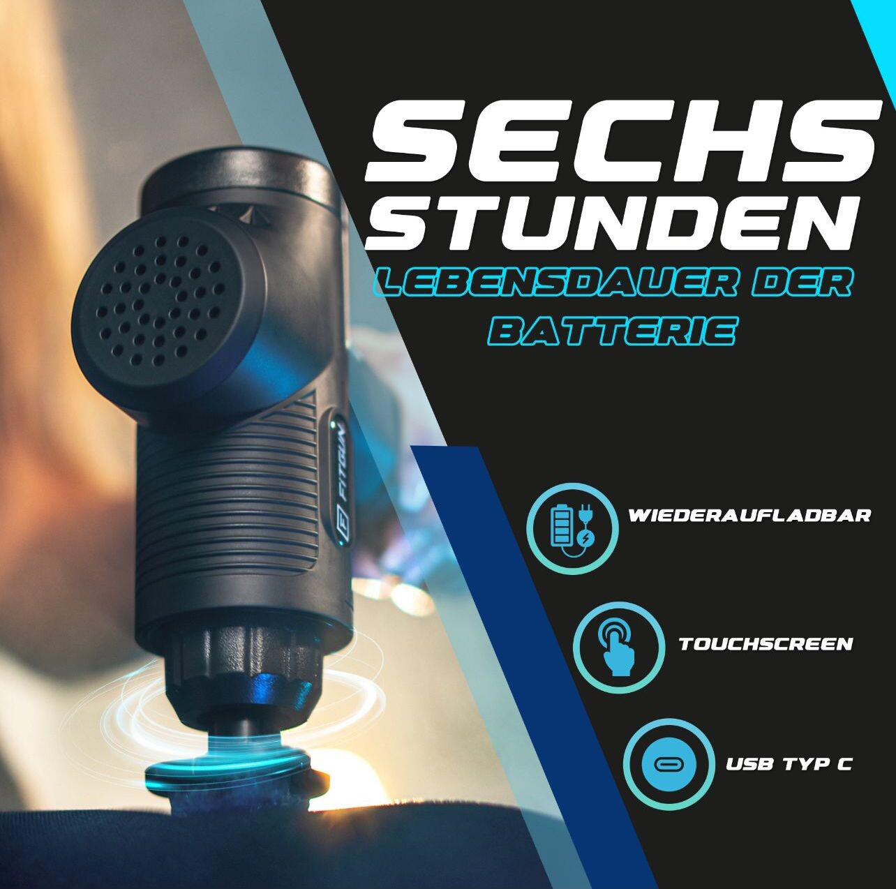 Eine schwarze Massagepistole mit Text: Sechs Stunden Akkulaufzeit, wiederaufladbar, Touchscreen, USB-C.