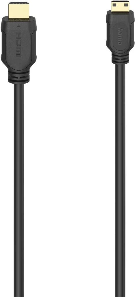Câble HDMI noir avec connecteurs aux deux extrémités, sur fond blanc.