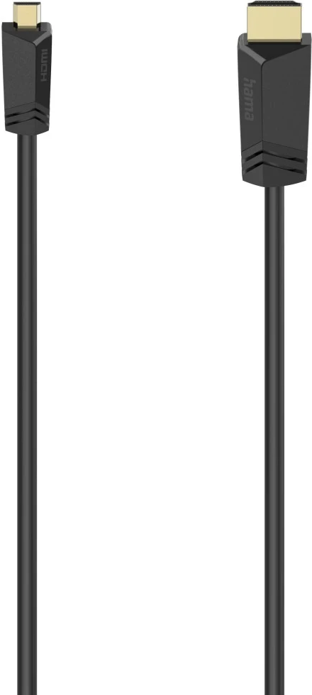 Câble HDMI noir. Deux extrémités avec connecteurs. Câble noir sur fond blanc.