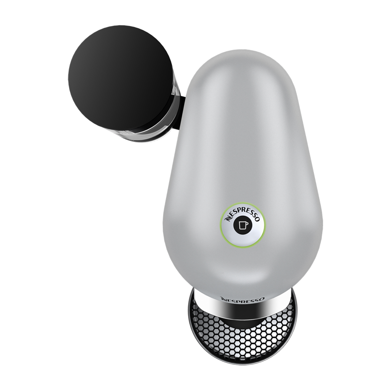 Bovenaanzicht van een zilveren Nespresso-koffiemachine met een zwarte bovenkant en een groene knop.