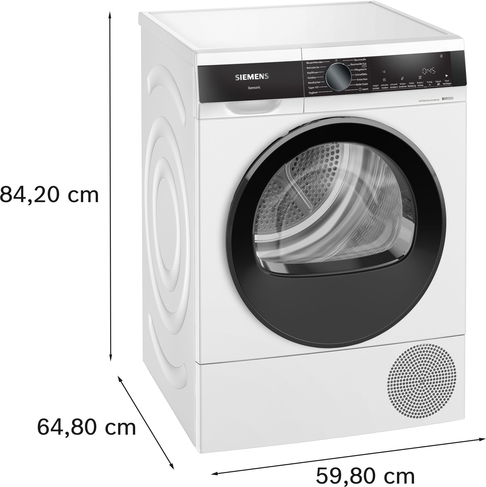 Eine weiße Waschmaschine mit schwarzer Tür und Maßangaben.