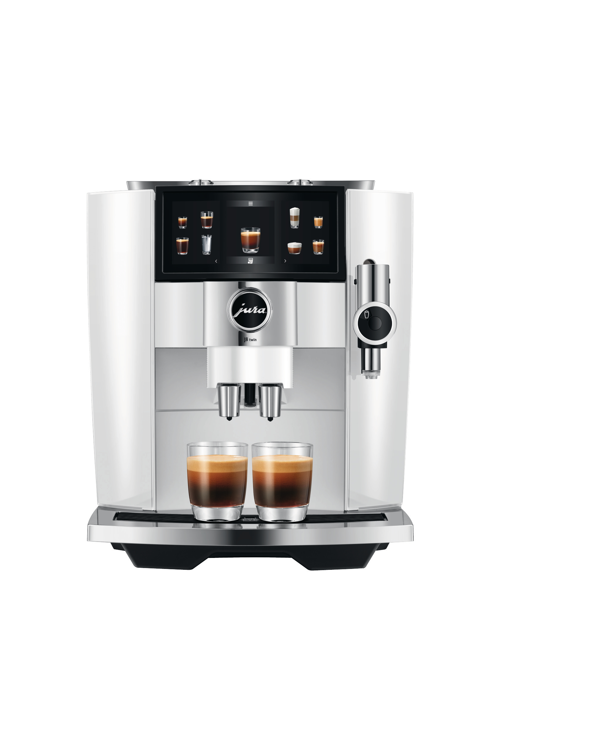 Eine weiße Jura Kaffeemaschine mit zwei Espressotassen und einem Digitaldisplay.