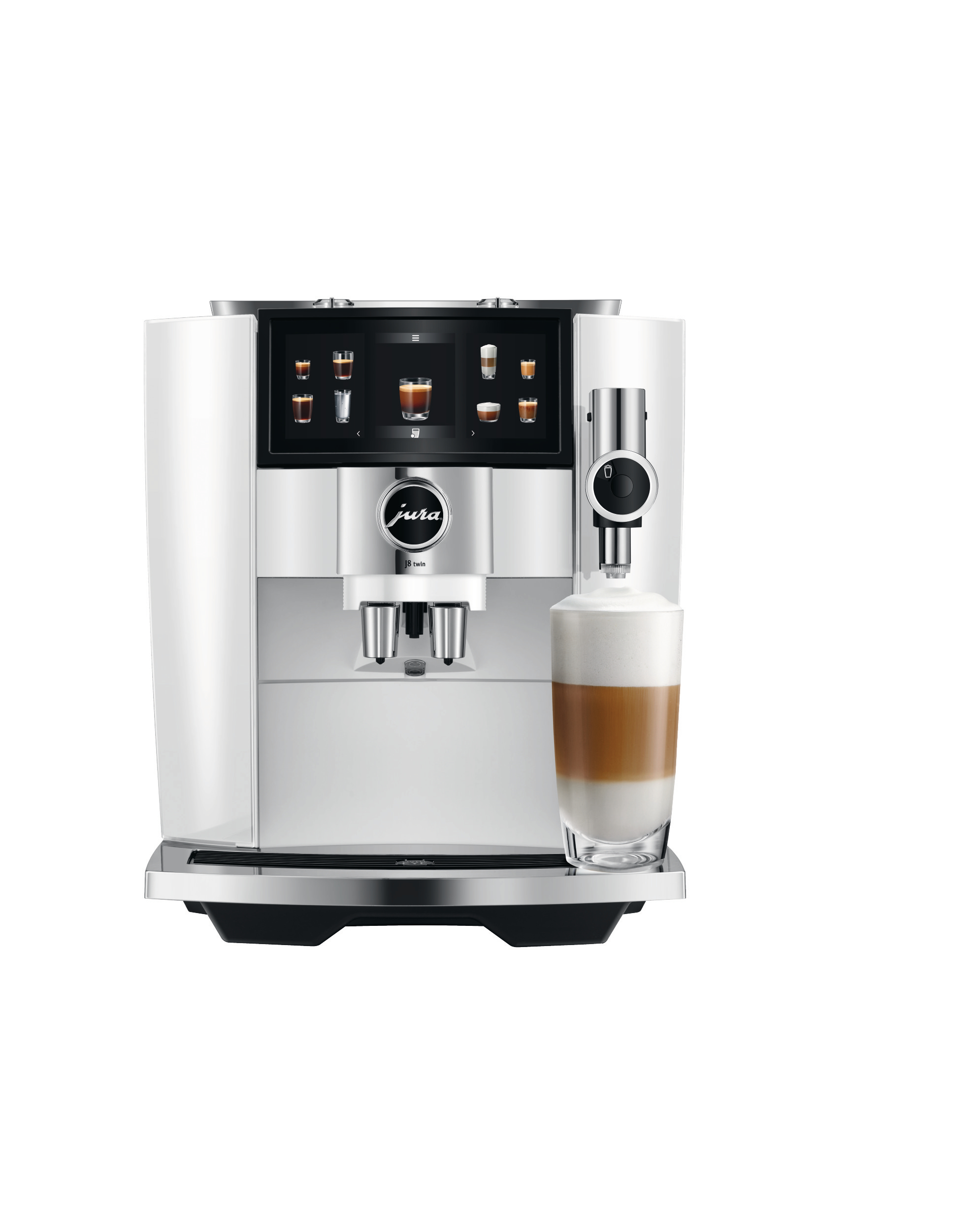 Eine weiße Kaffeemaschine, die einen Latte zubereitet.