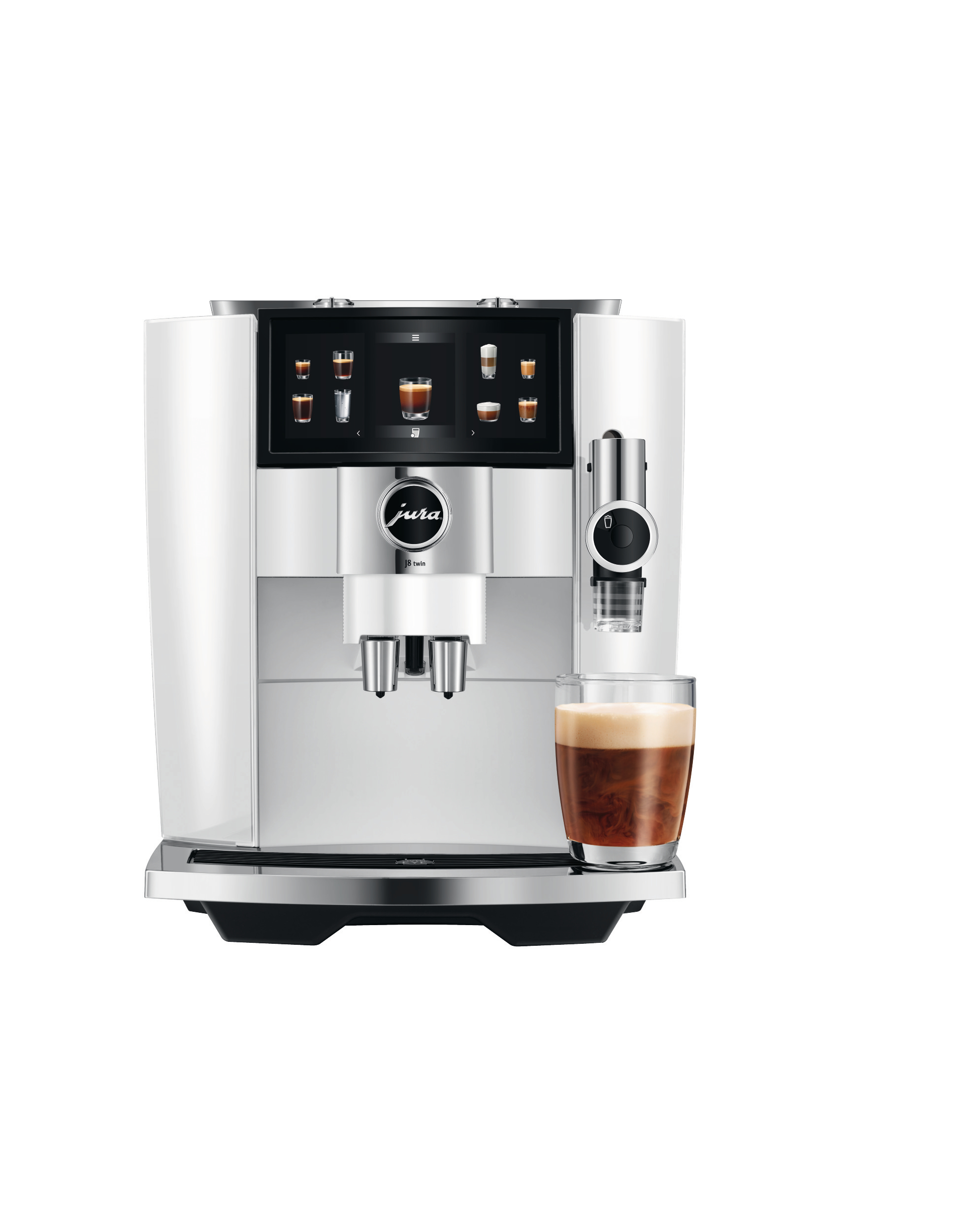 Weiße Jura Kaffeemaschine mit einem Kaffeeglas.