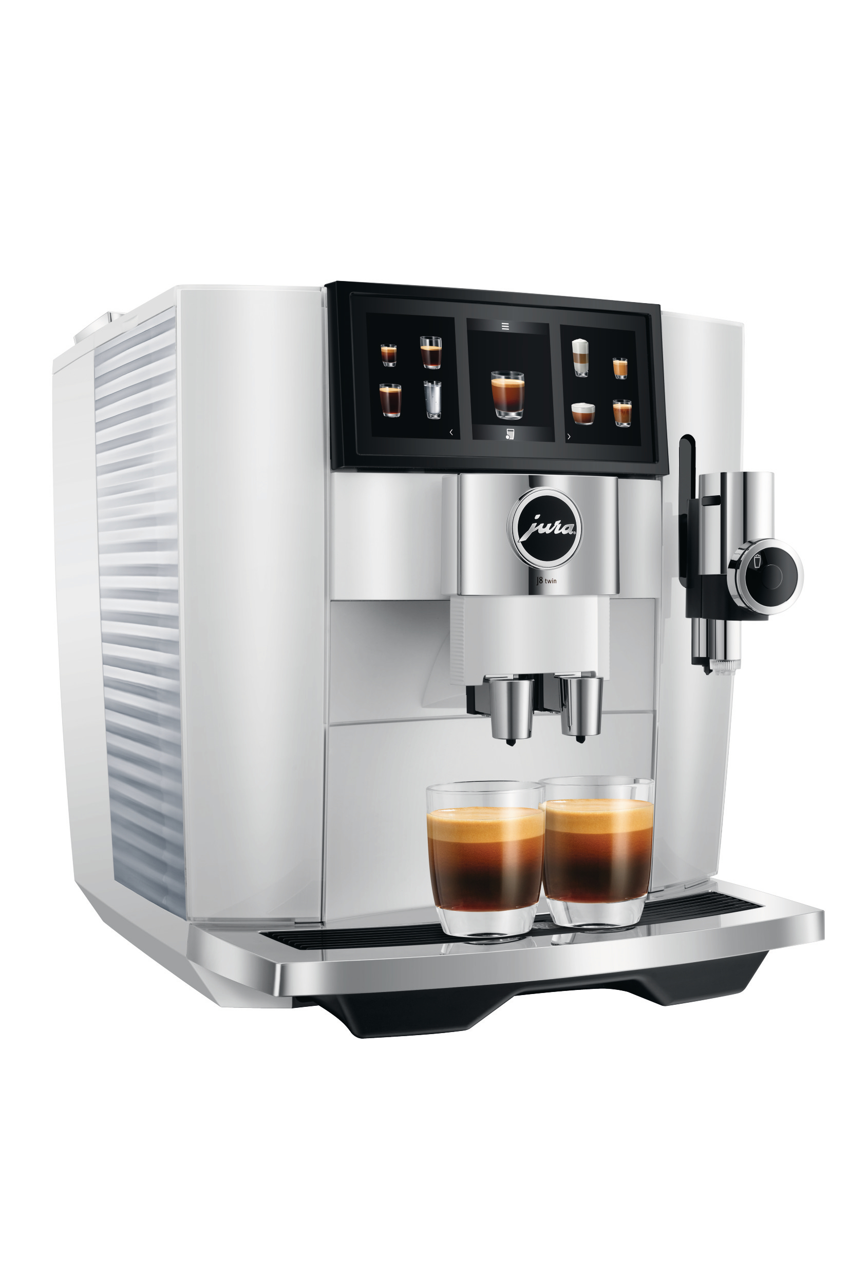 Eine weiße Jura Kaffeemaschine mit zwei Kaffeegläsern davor.
