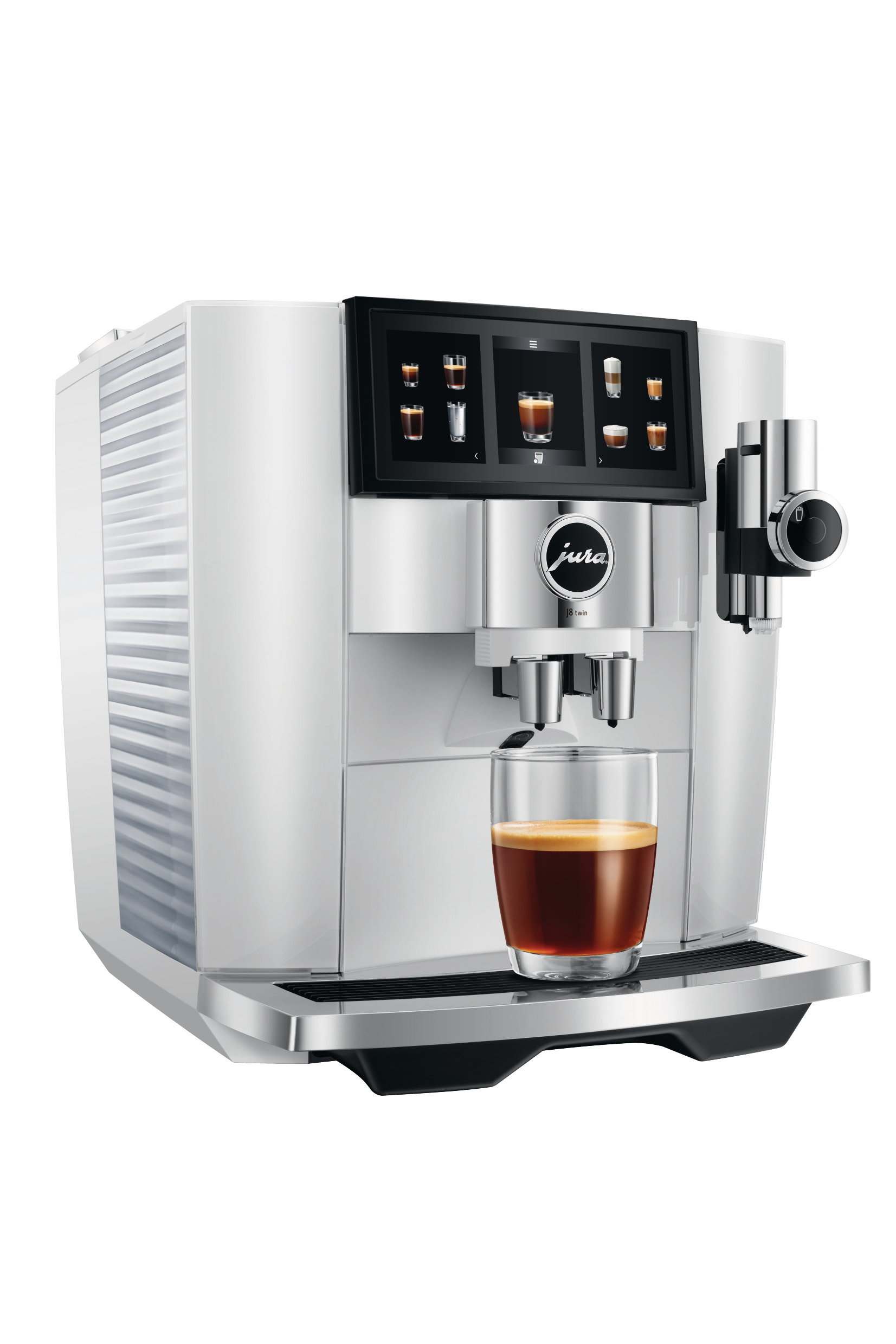 Eine weiße Jura-Kaffeemaschine mit einem Glas Kaffee. Schwarzer Bildschirm zeigt Kaffeeoptionen an.