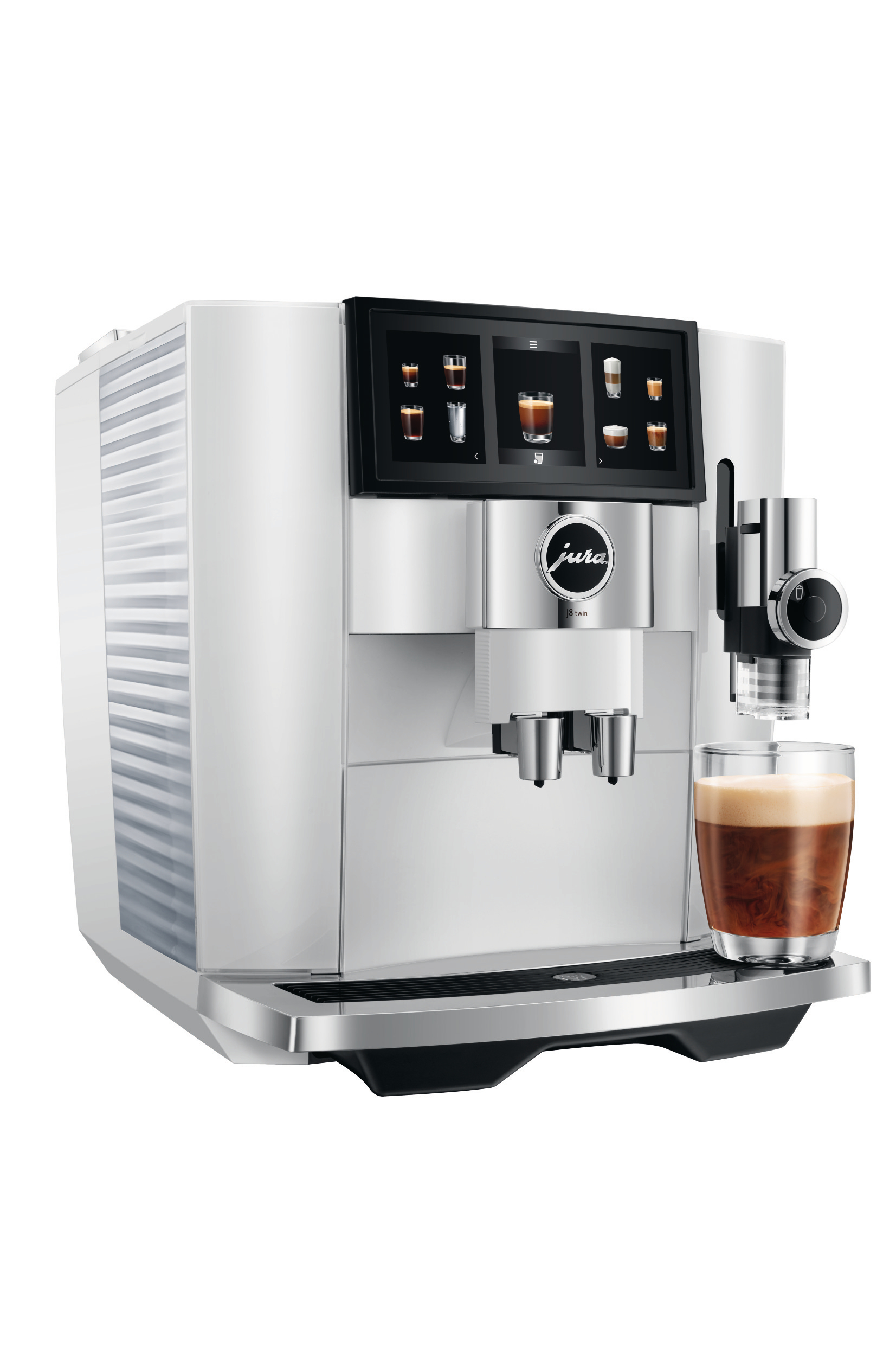 Eine weiße Jura Kaffeemaschine mit einem Glas Kaffee. Es hat einen Touchscreen.