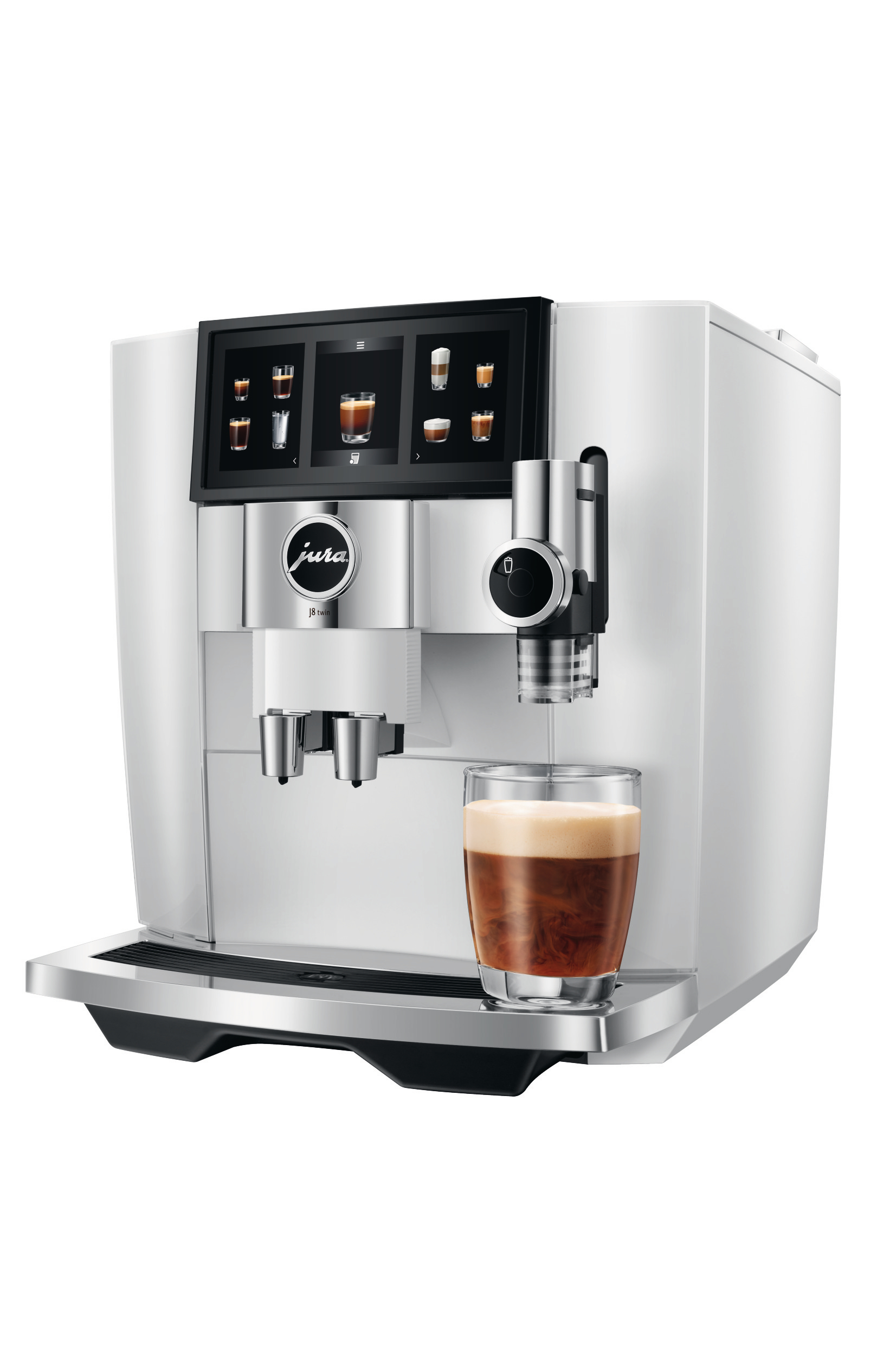 Eine weiße Jura Kaffeemaschine, die Kaffee in ein Glas abfüllt.