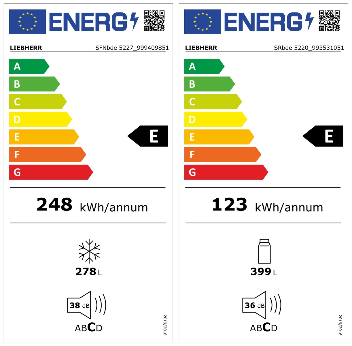 Energia címkék két Liebherr hűtőszekrényhez. Energiahatékonyságot, energiafogyasztást és egyéb adatokat mutat.