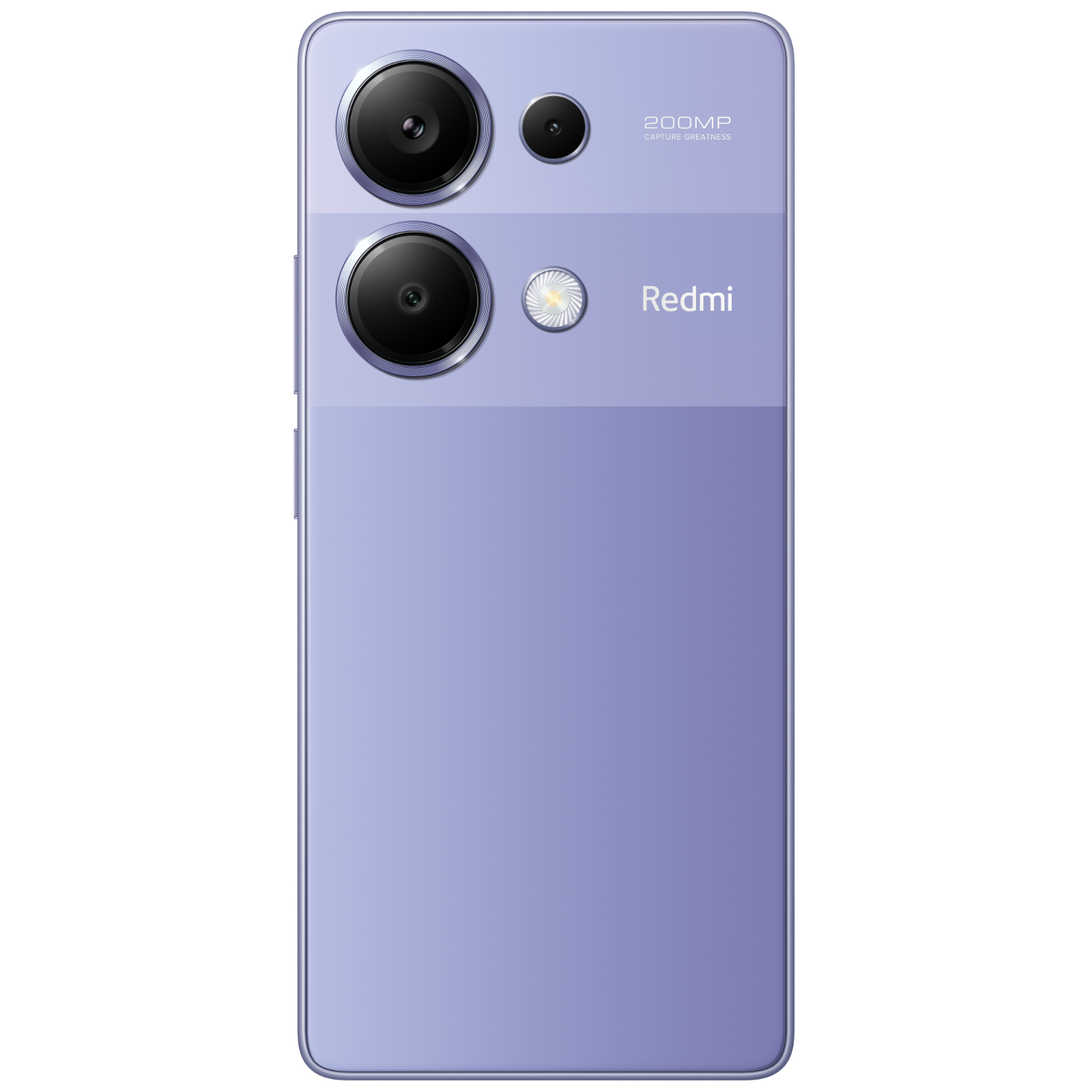 Een paarse Redmi-smartphone met drievoudige camera's en het Redmi-logo op de achterkant.