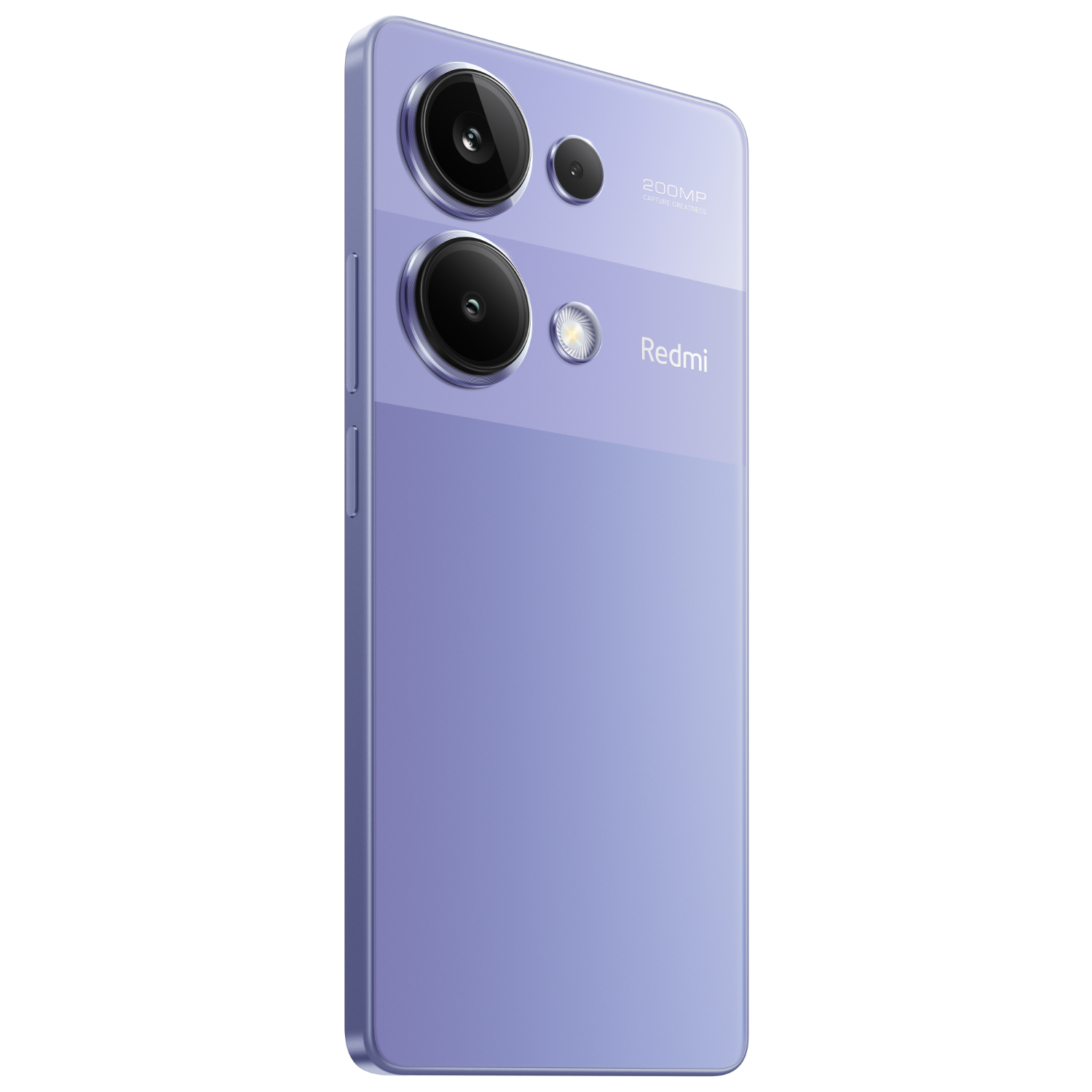 Een paarse Redmi-telefoon wordt van opzij getoond. Hij heeft een dubbele camera-opstelling en het Redmi-logo is zichtbaar.