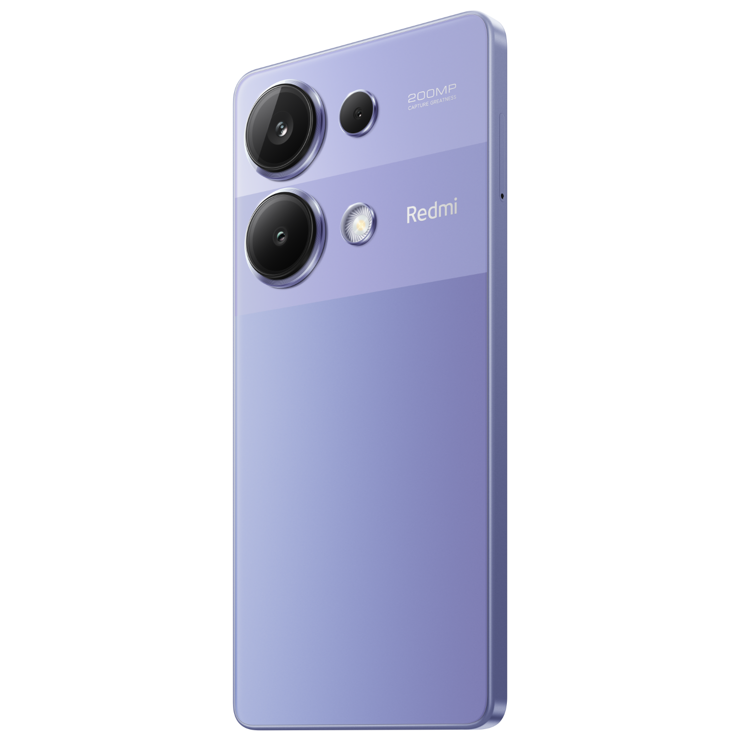 Een paarse smartphone, achteraanzicht, met cameralenzen en Redmi-logo.