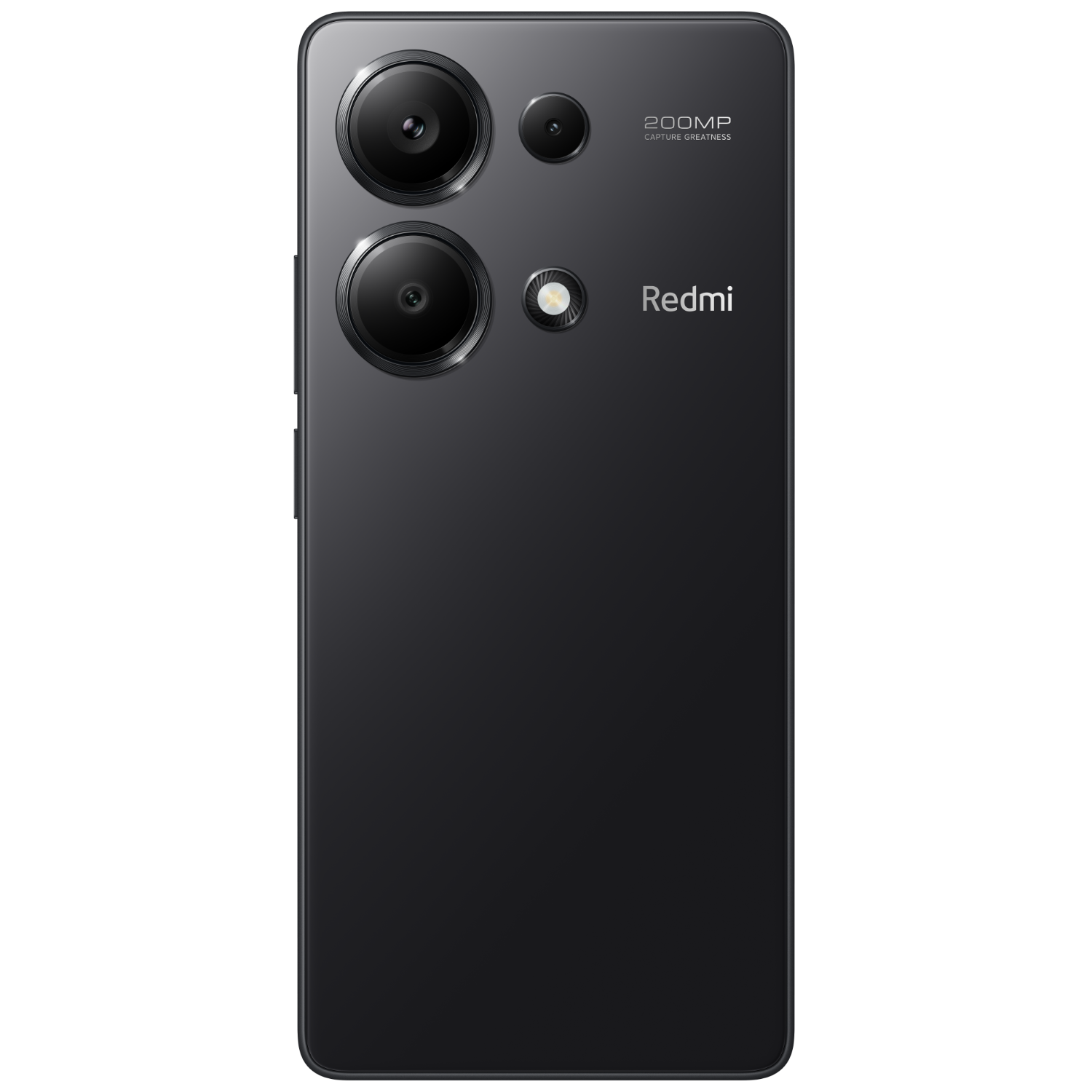 De achterkant van een zwarte telefoon met drie camera's en Redmi-merk. Het staat tegen een zwarte achtergrond.