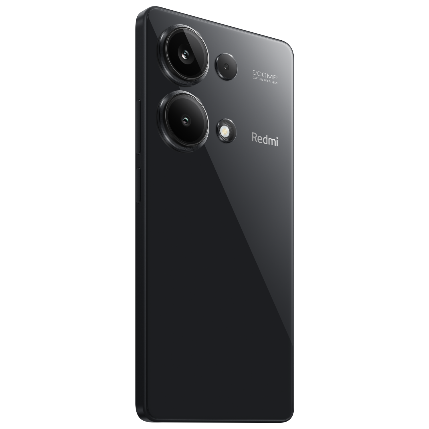Zwarte smartphone met drie cameralenzen en het 'Redmi'-logo op zwarte achtergrond.