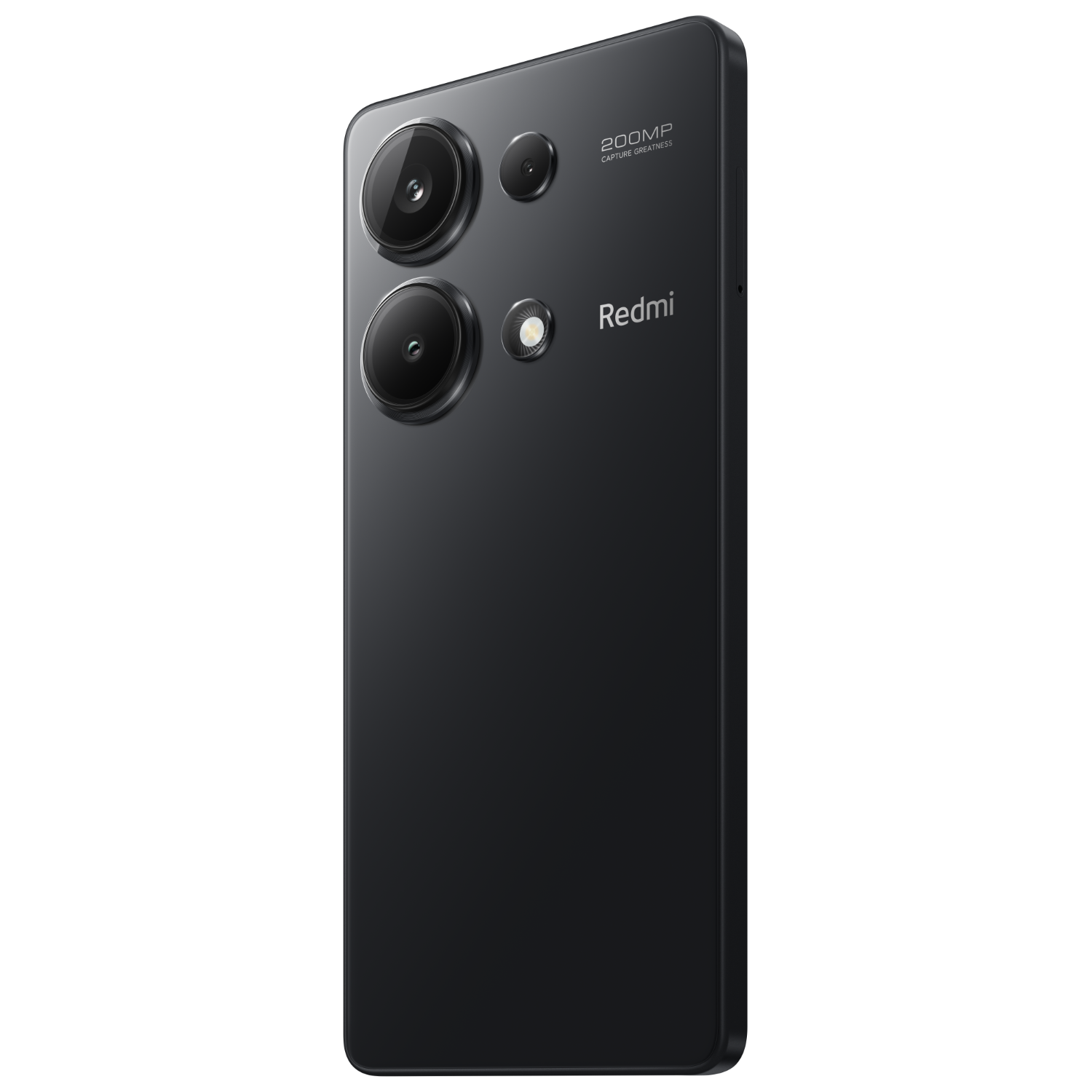 Zwarte Redmi telefoon. Achteraanzicht, drievoudige camera. 200MP erop geschreven.