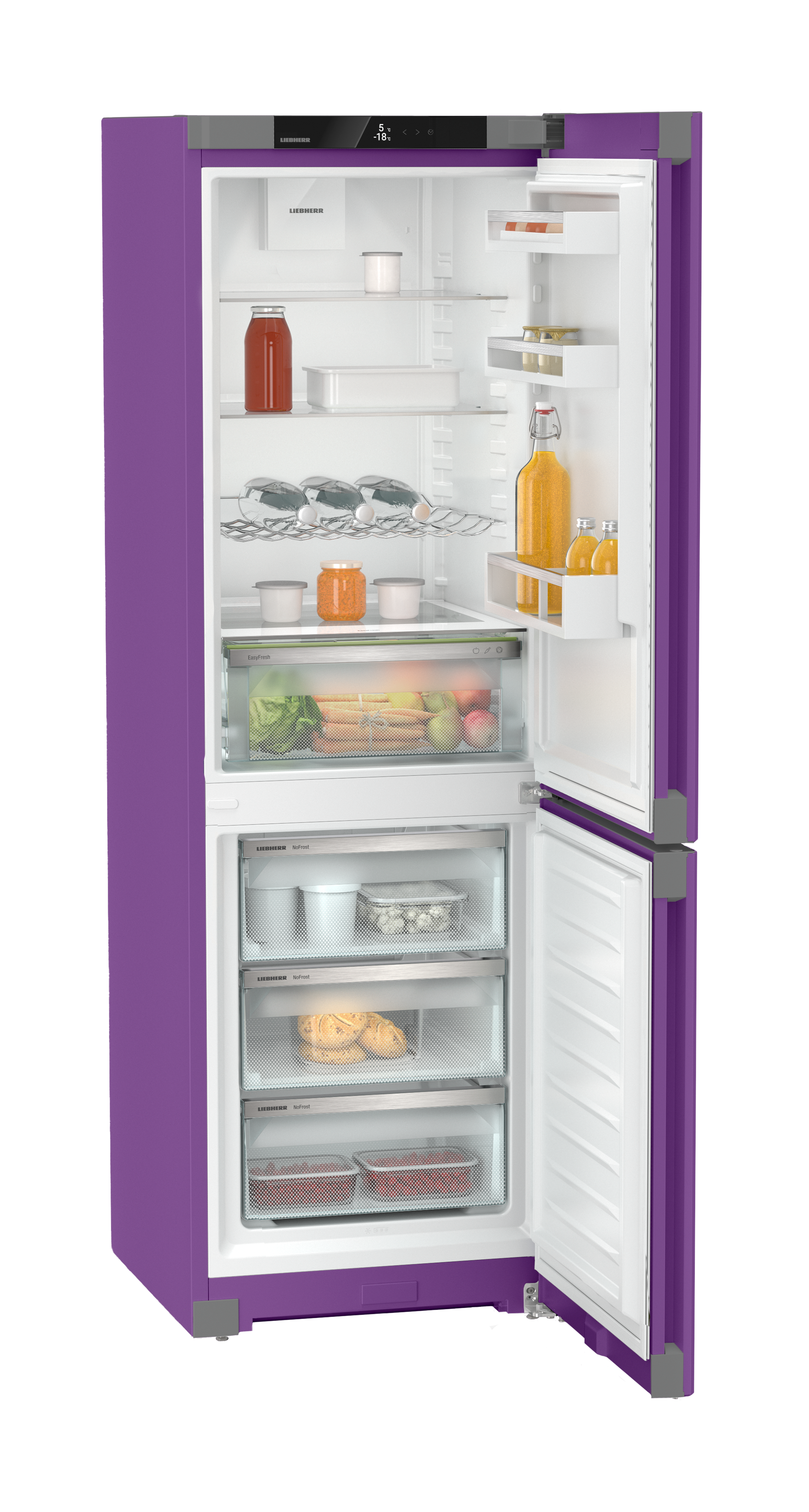 Lila Kühlschrank, Tür offen. Innen: Regale mit Essen, Saft und Gemüse. Gefrierfach unten, offen mit Artikeln.