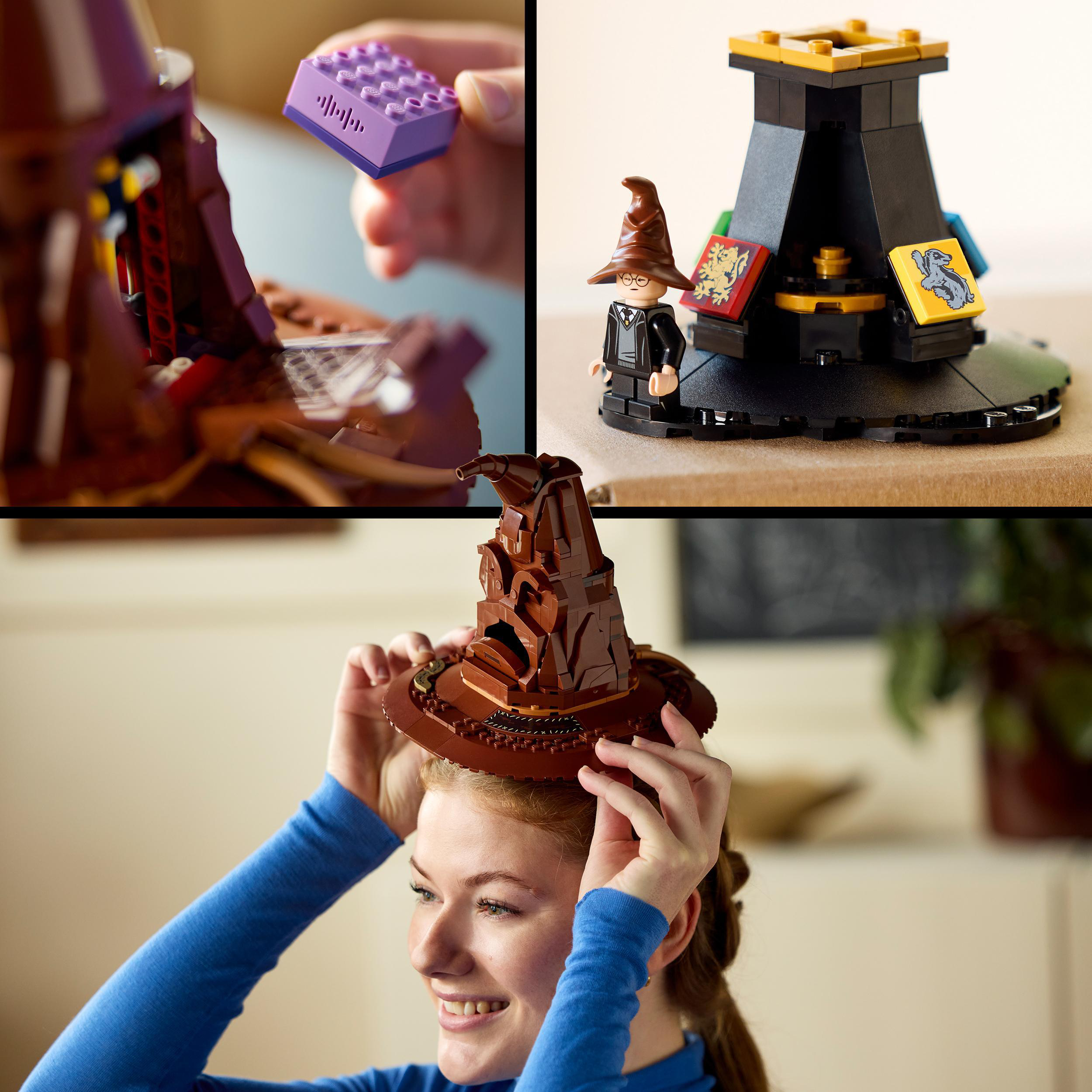 Lego Harry Potter Set: Eine Frau hält den Sprechenden Hut und Bauszenen.