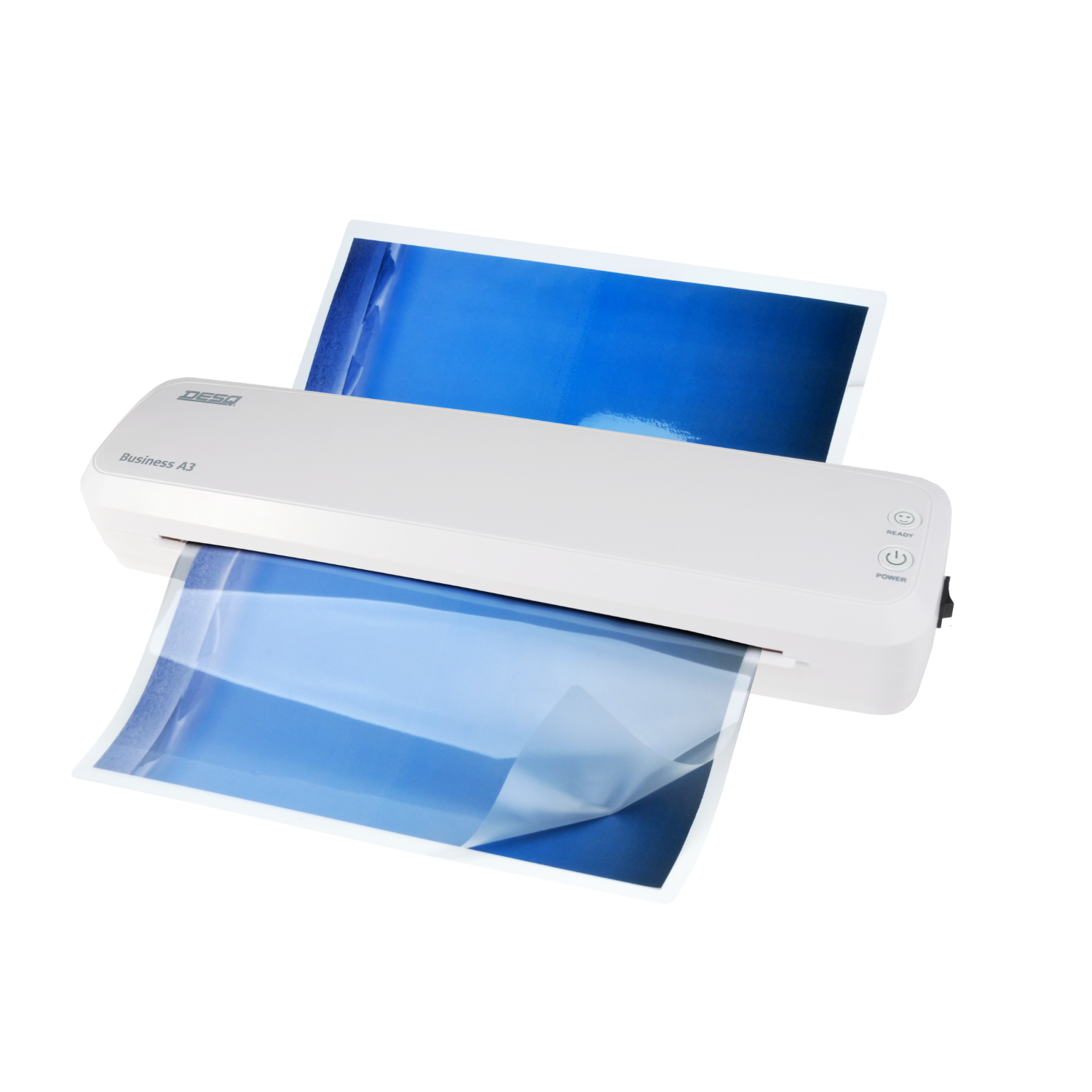 A white DESSA Business A3 laminator.  Sheets of paper are going through the device.