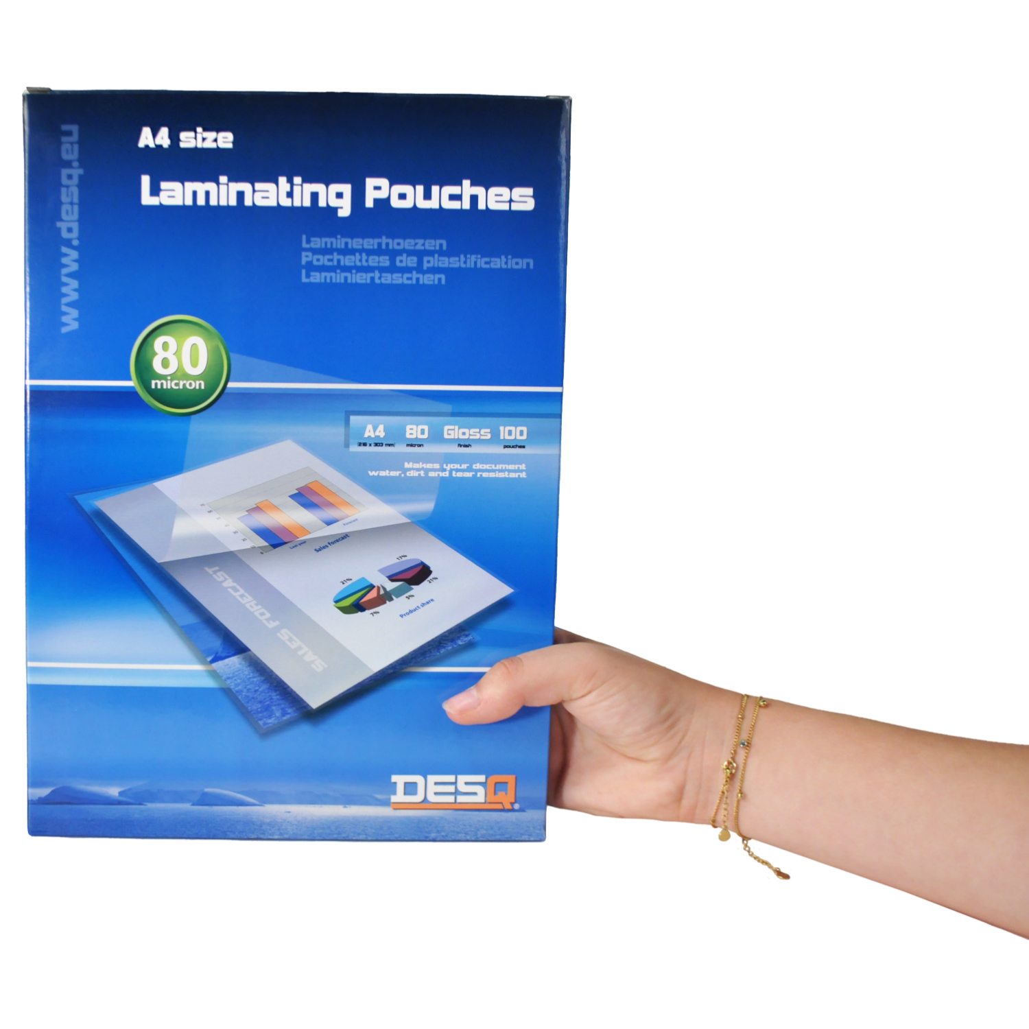 A hand holding a transparent plastic laminating pouch. The pouch contains a document.