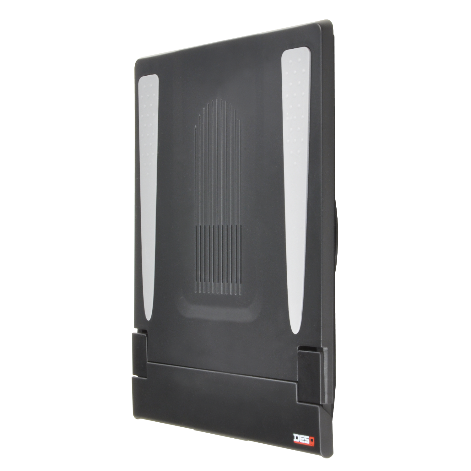 A black DES sign. It has vertical silver stripes and a black base.