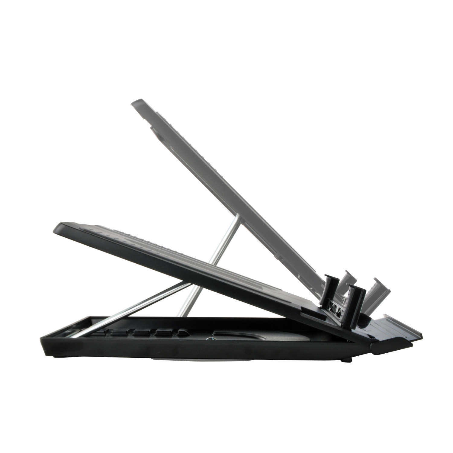 A black laptop stand, angled, with an open base, against a black background.