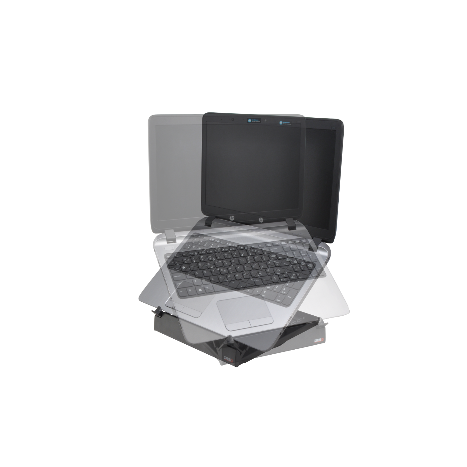A laptop on a stand with three screens visible.