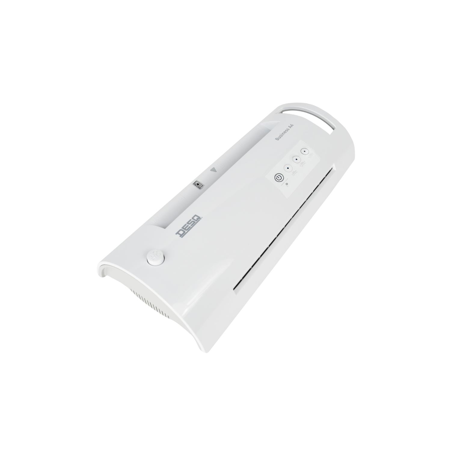 White DESQ laminator on a black background, angled slightly.