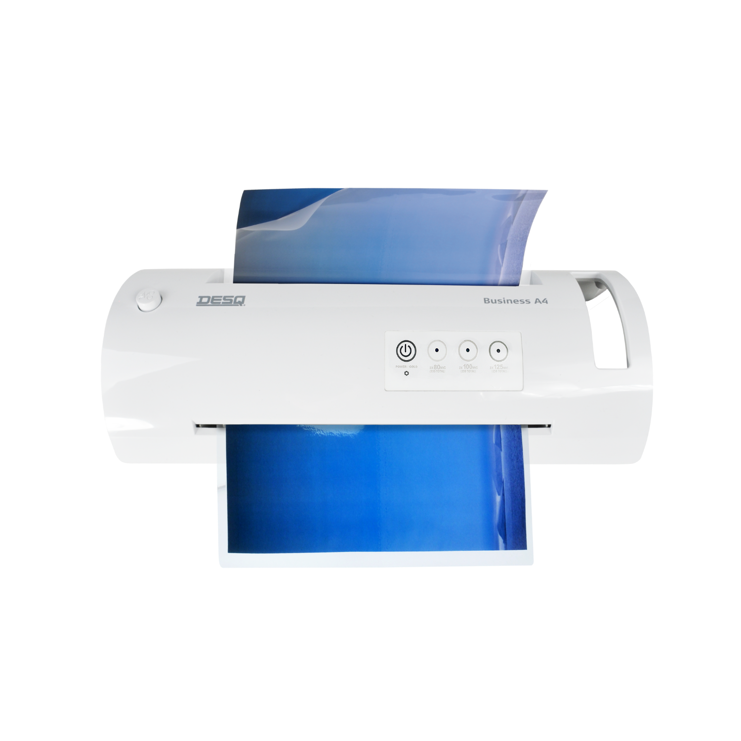 A white laminator with a blue sheet of paper inside.