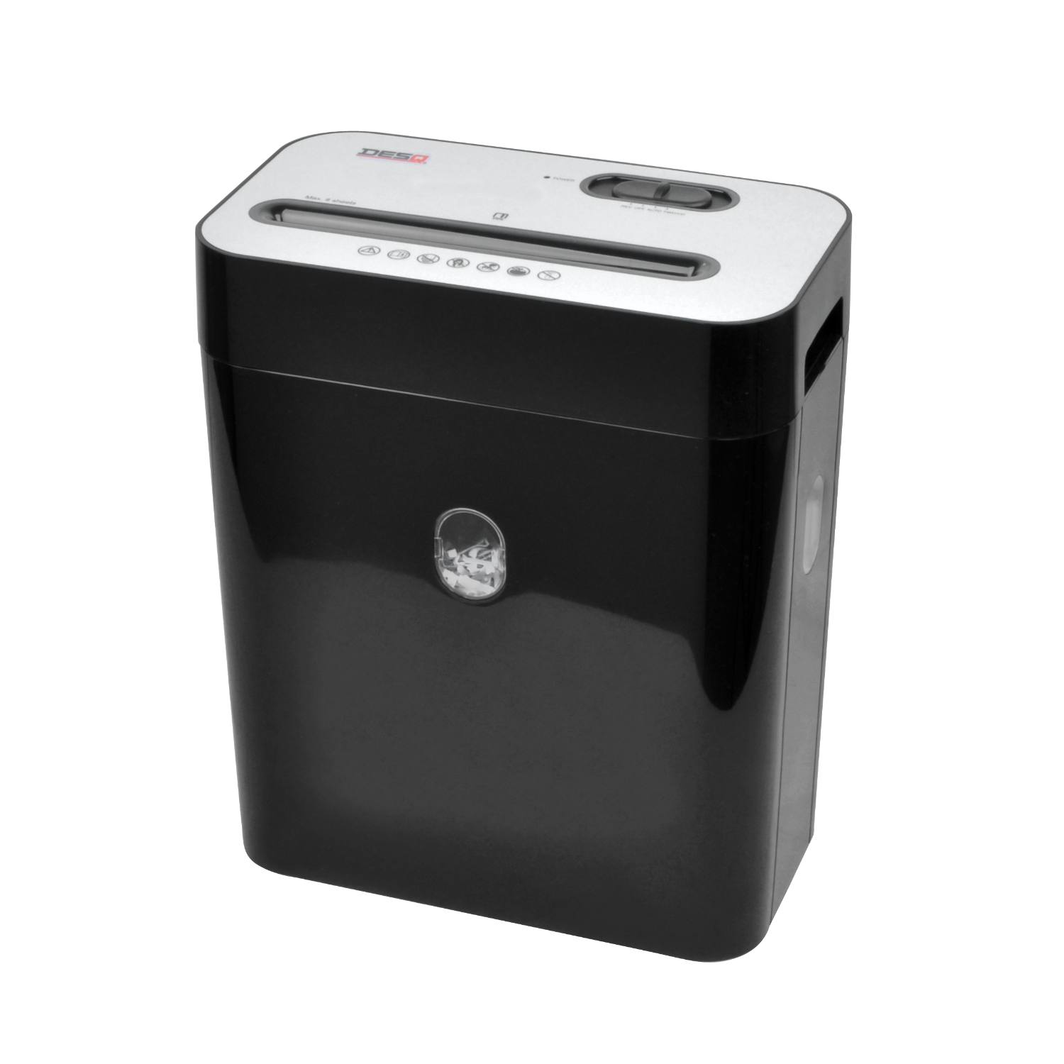 A black paper shredder with a silver top.
