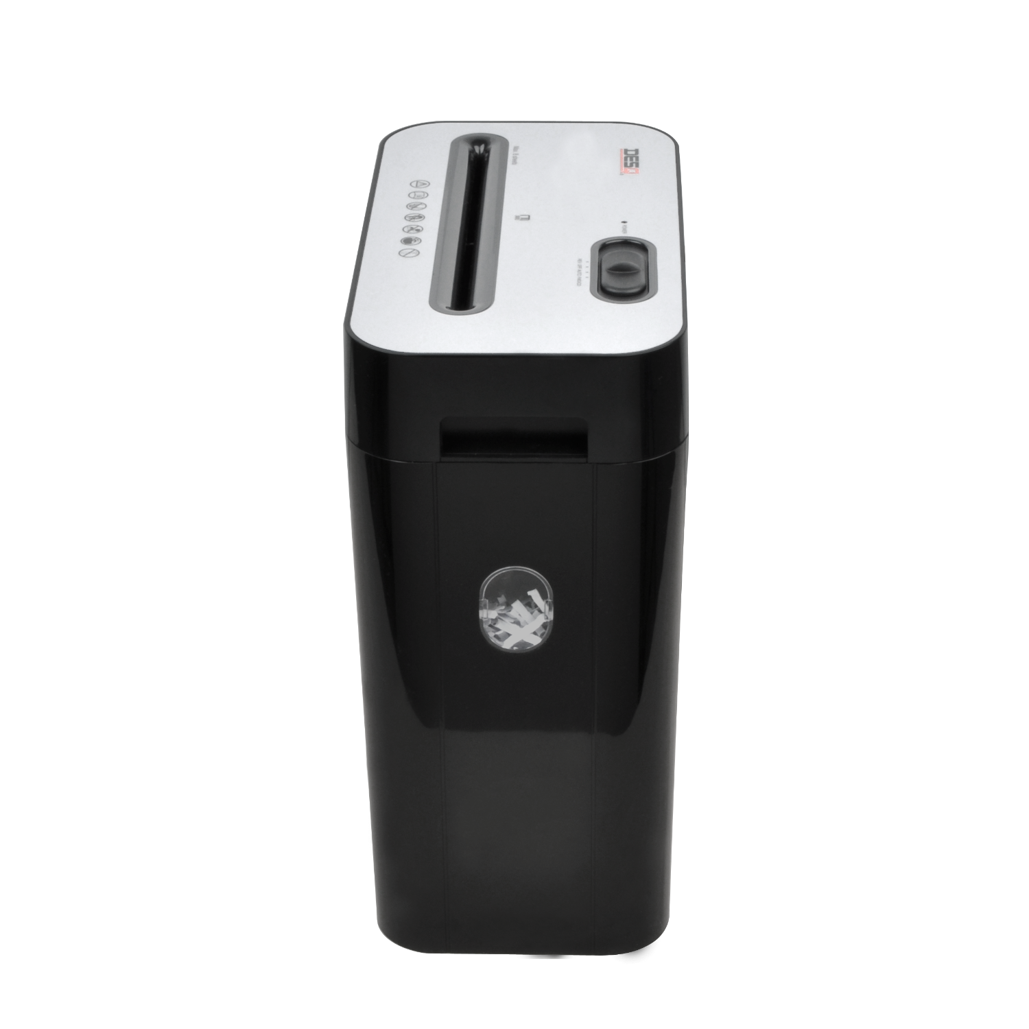 Black paper shredder. Top view shows the paper feed slot and controls. Solid black base.