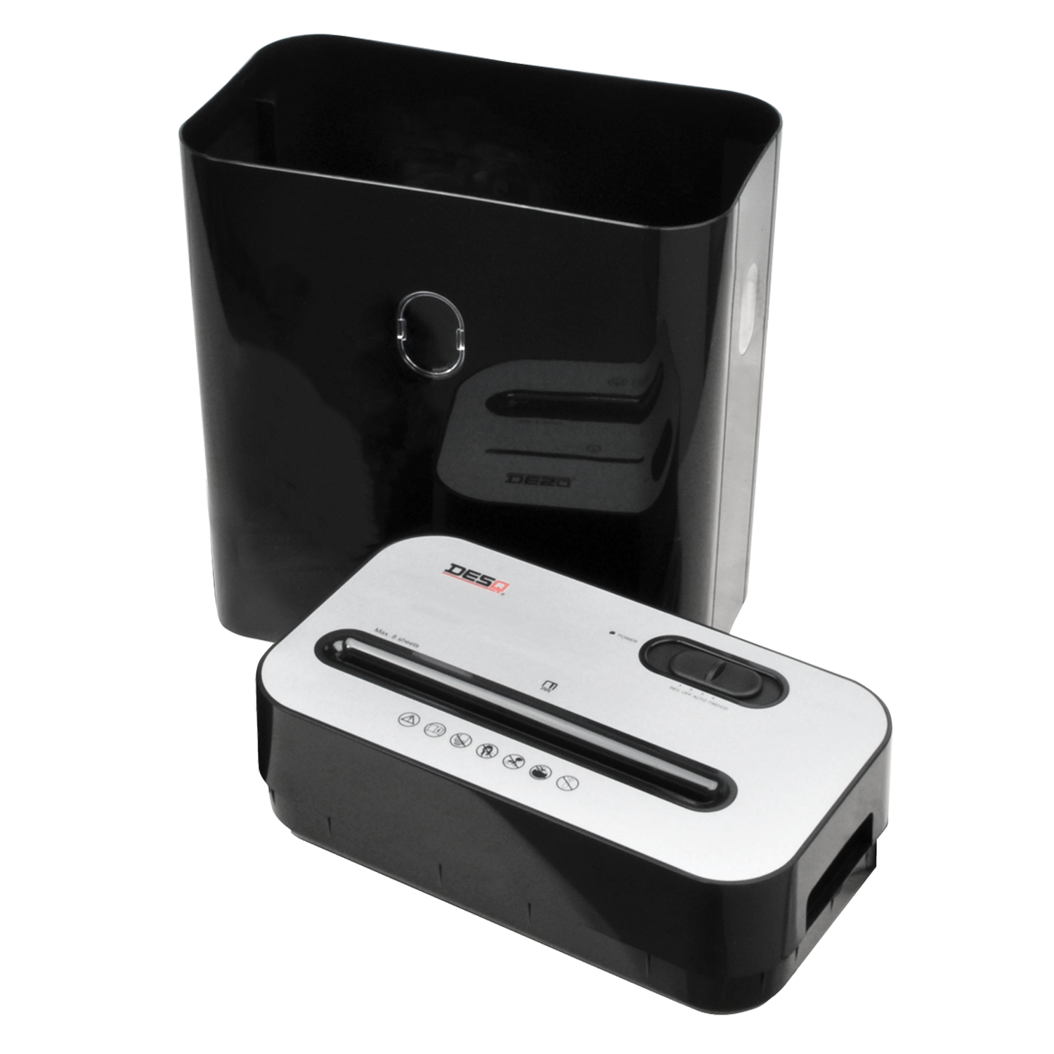 Paper shredder with black bin beside. Shredder is silver and black, DESQ brand.