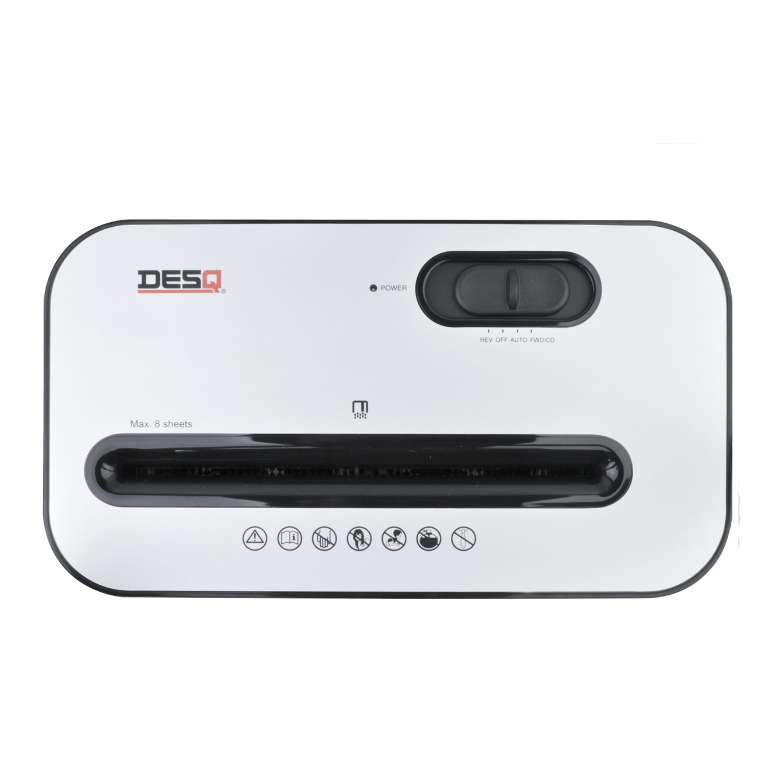 A paper shredder. White and black, with power and function buttons. Black background.
