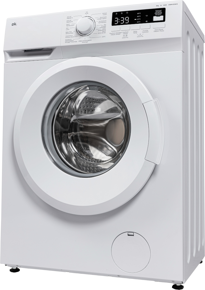 Lave-linge blanc, vue de face, avec affichage numérique et porte ronde.