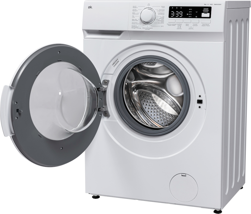 Lave-linge blanc avec porte ouverte, montrant le tambour. Boutons et écran visibles.
