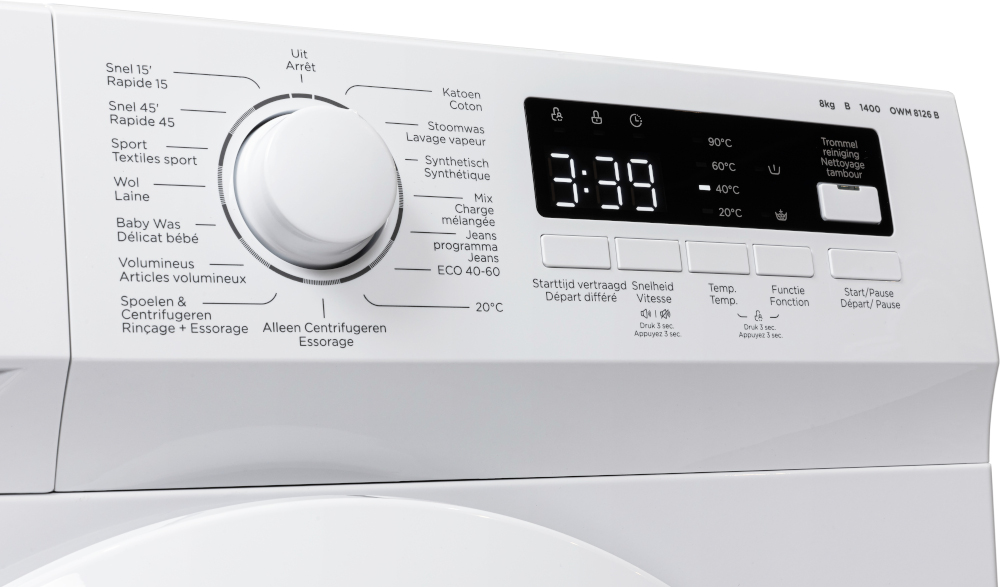 Gros plan sur le panneau de contrôle d'un lave-linge blanc avec bouton rotatif et affichage 3:39.