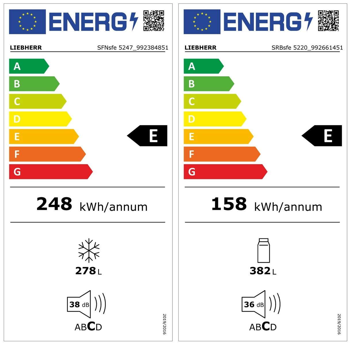 Energia címkék Liebherr hűtőszekrényhez. Két címke energia besorolással.