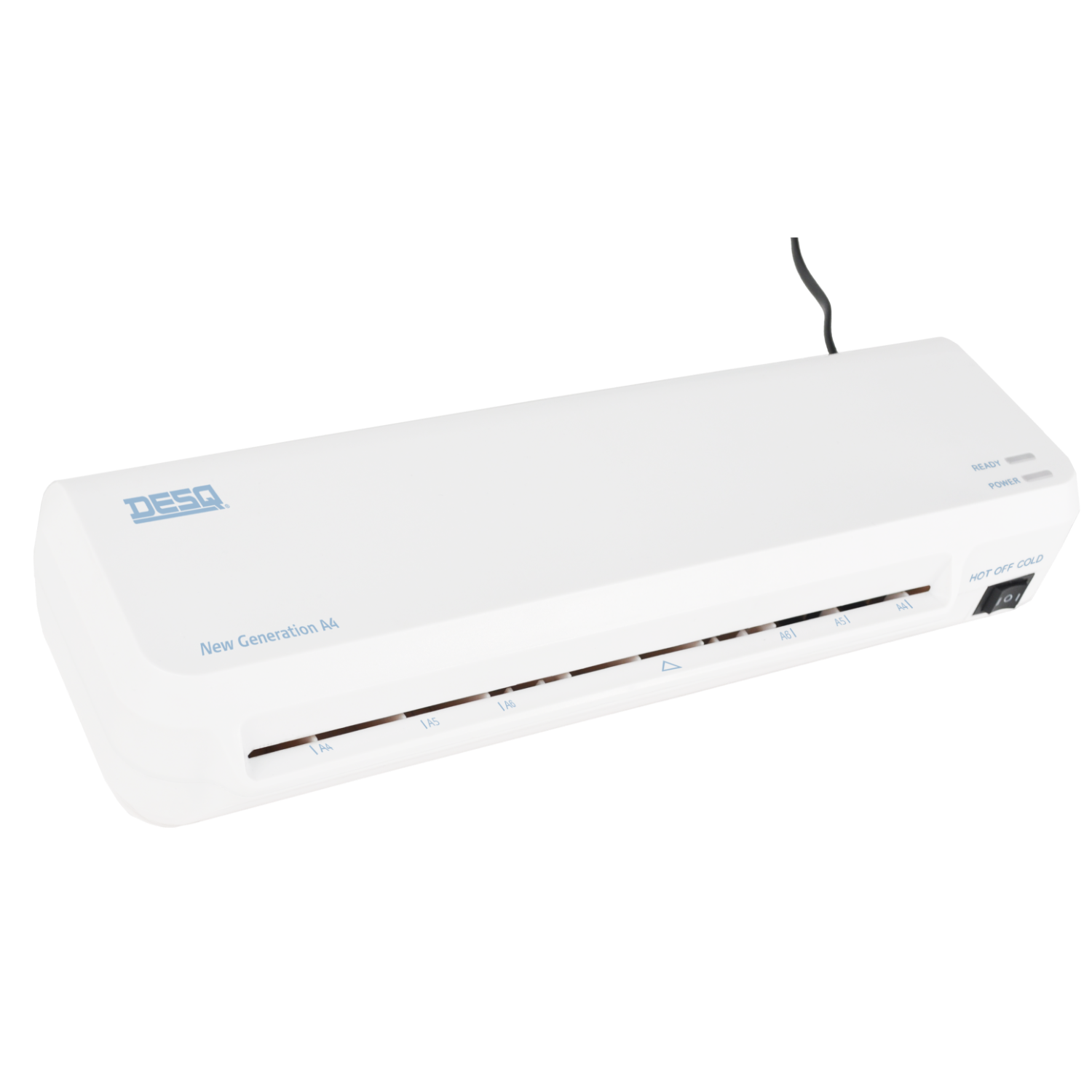 A white A4 laminator with a power cord, ready and power indicators.