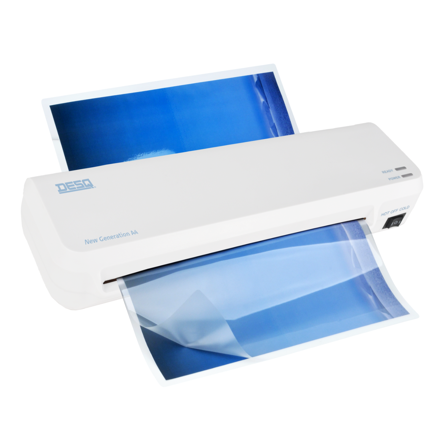 A white laminator with paper inserted, showing the output.