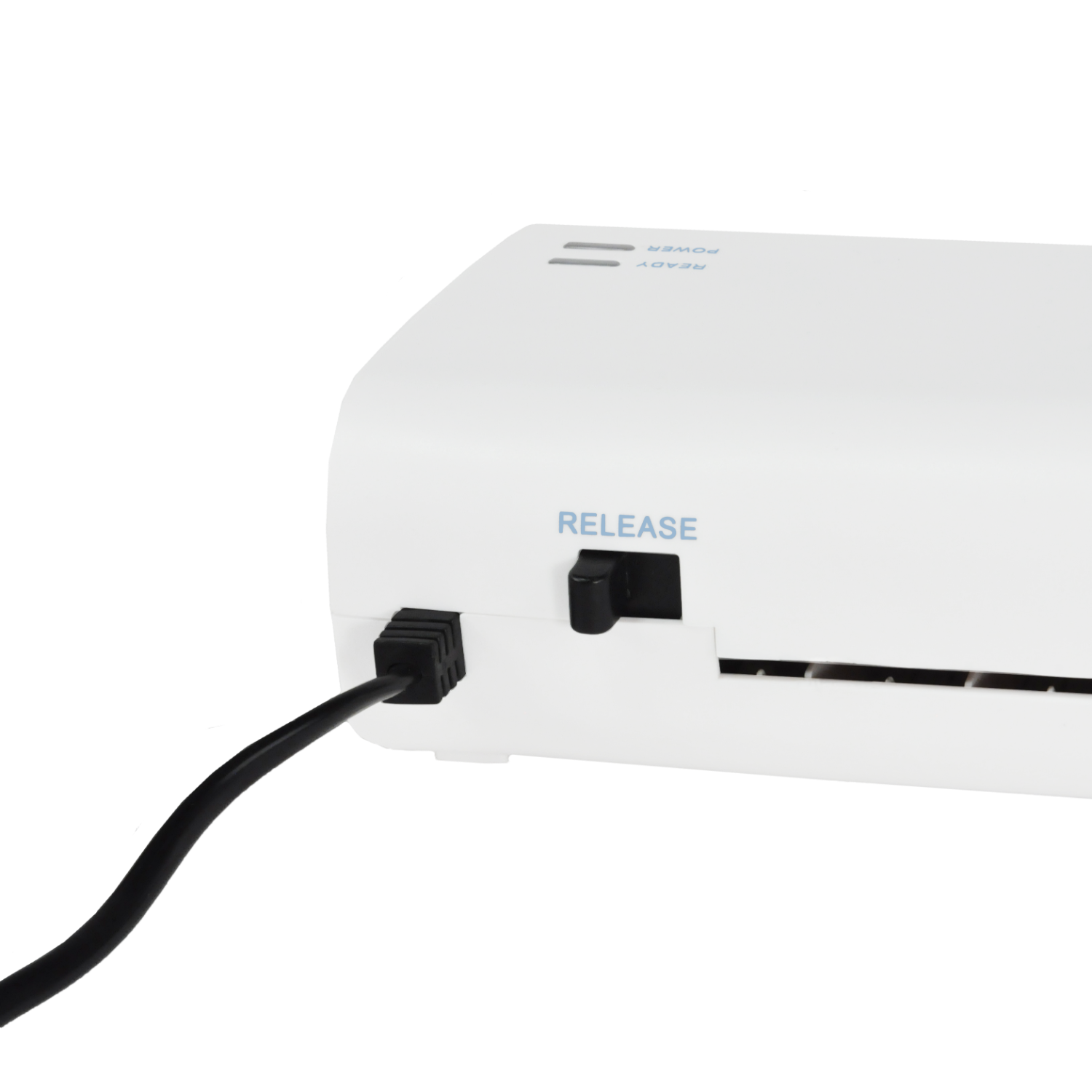 White laminator with a black power cord plugged in. Release switch is visible.