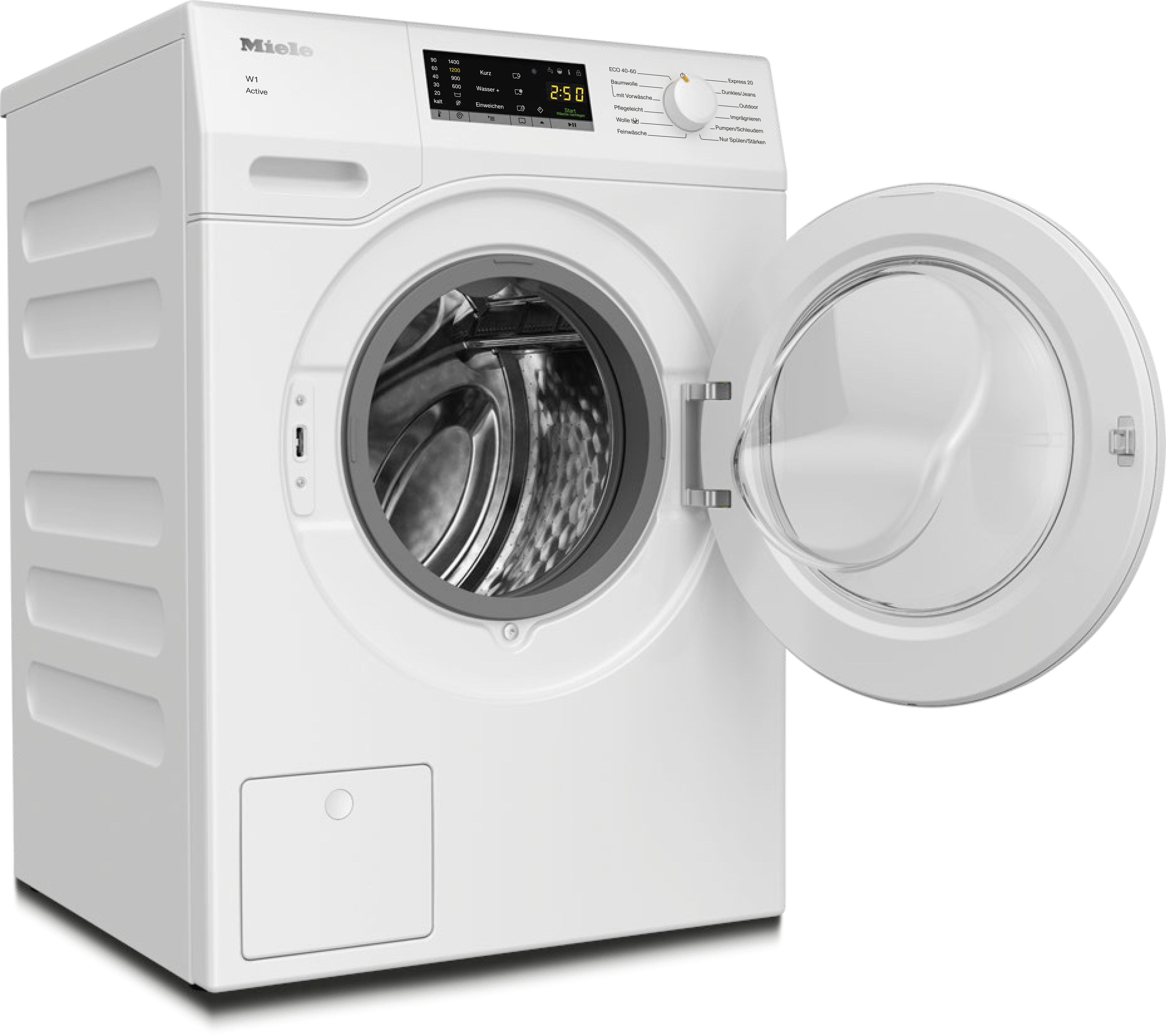 Eine weiße Miele Waschmaschine mit offener Tür.