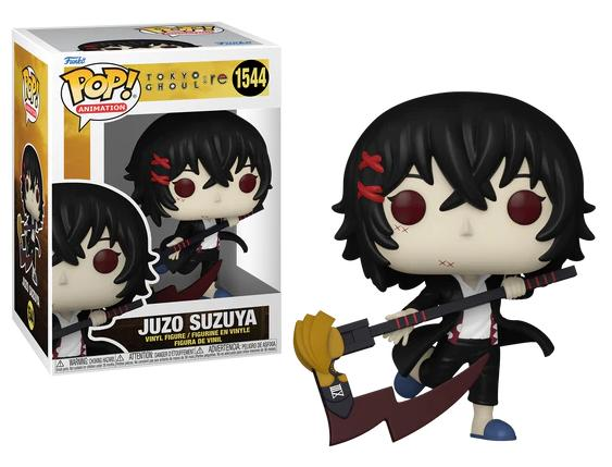Figura Funko Pop de Juuzo Suzuya, personaje de anime con guadaña y pelo negro.