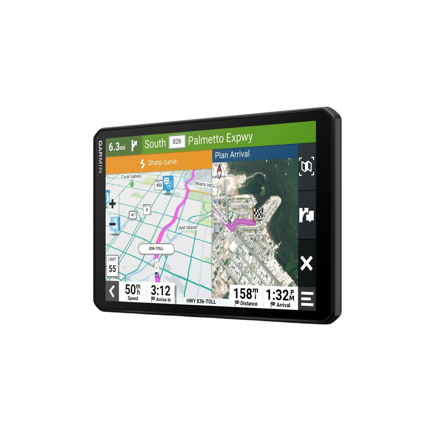 GPS navigation device showing map with route and destination, and route information.