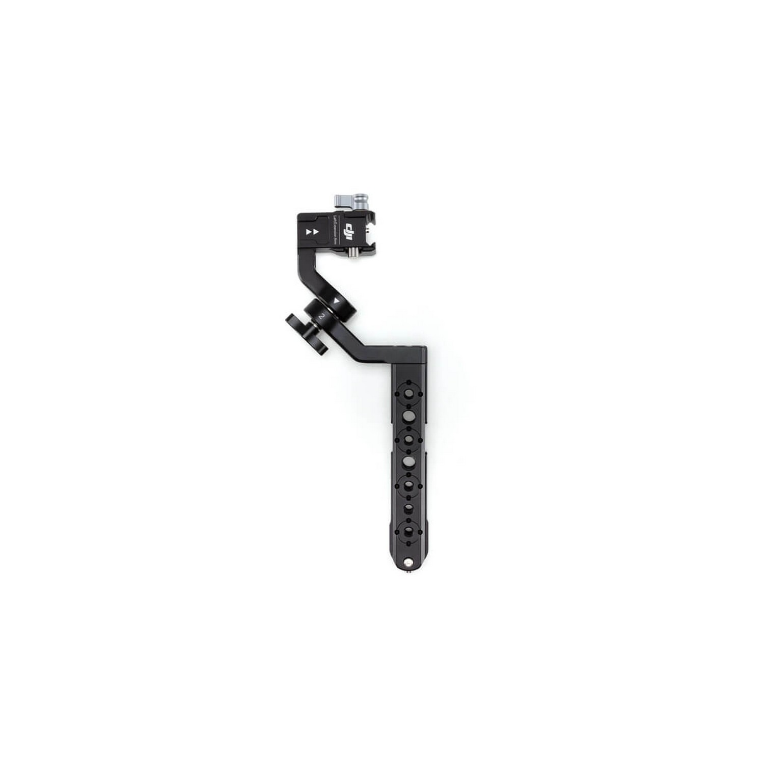 Black camera gimbal stabilizer, angled with a handle and control buttons.